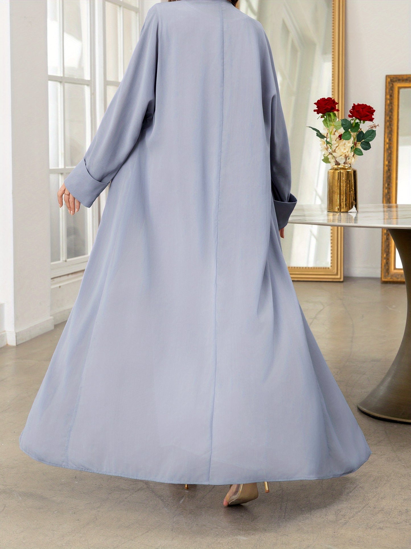 Elegant Gray Long Sleeve Tassel Cardigan - Women’s Loose Fit Caftan Gown for All Seasons, Casual Polyester Robe with Draped Design, Machine Washable