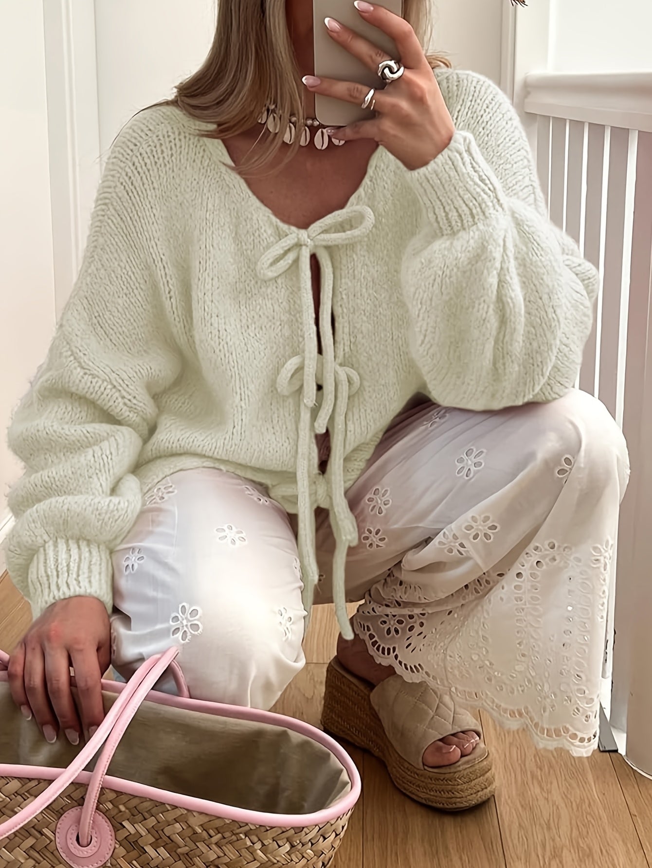 Women'S Oversized Bowtie Knit Sweater Cardigan With Y2K Vibe Long Sleeves V Neck Open Front Casual Wear