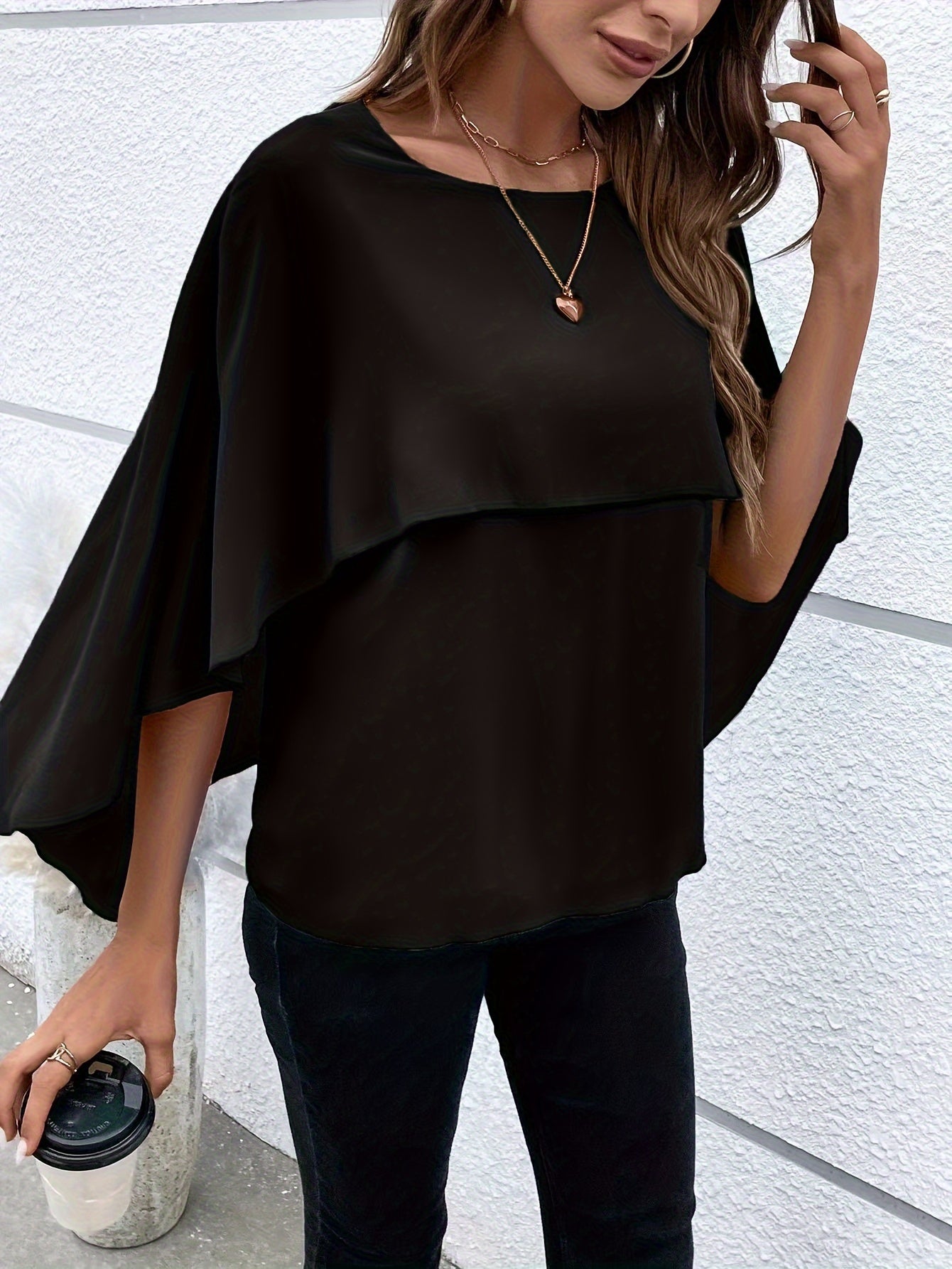 Solid Color Layered Cape Sleeve Shirt, Versatile Round Neck Shirt For Spring And Autumn, Women'S Clothing