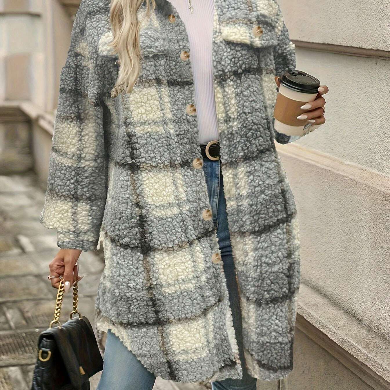 Elegant Plaid Faux Fur Coat for Women with Lapel Collar