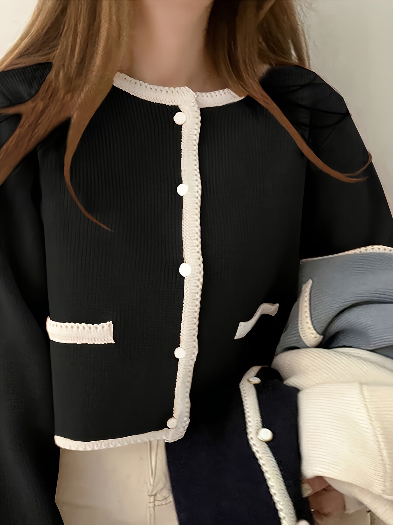 Women'S Elegant Cardigan - Black & Beige Two-Tone Sweater, Long Sleeve Open Front Button Closure, Fall/Winter Layering Piece for Casual Formal Outfits - Women'S Chic Sweater, Cardigan Sweater, Winter Fashion, Stylish Knitwear