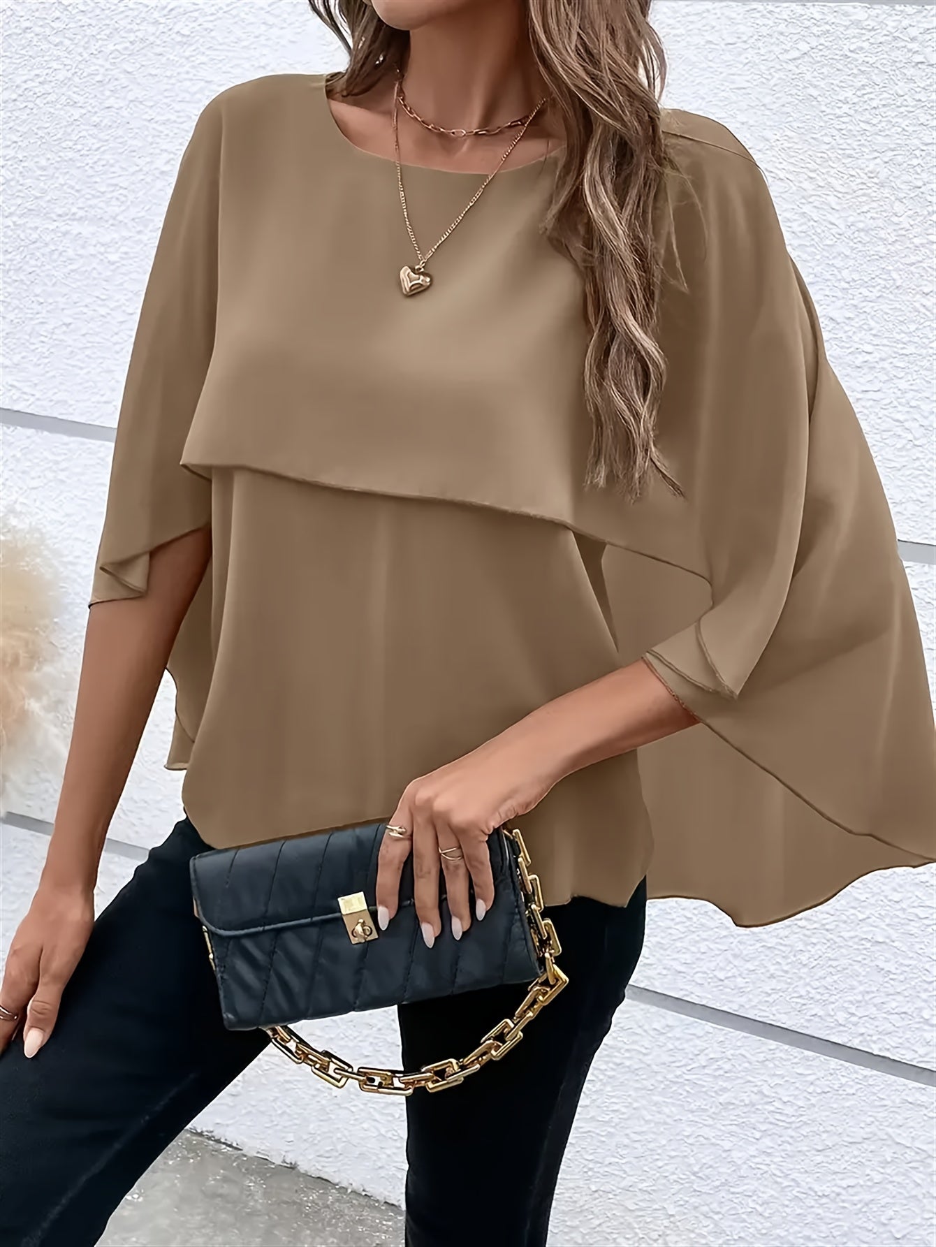 Solid Color Layered Cape Sleeve Shirt, Versatile Round Neck Shirt For Spring And Autumn, Women'S Clothing