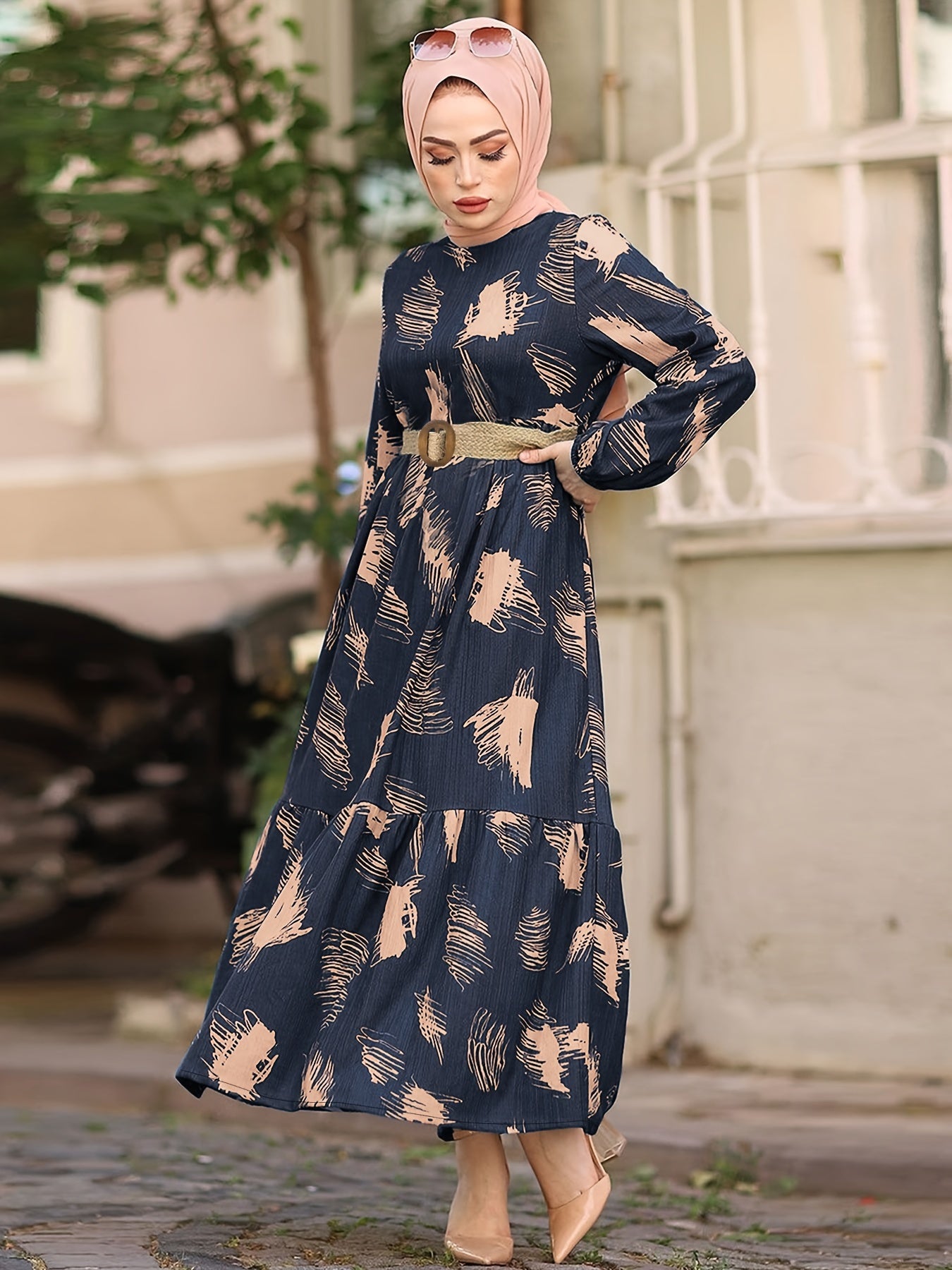 Long Sleeve Ramadan All Over Print Crew Neck Maxi Kaftan, Casual Women's Clothing