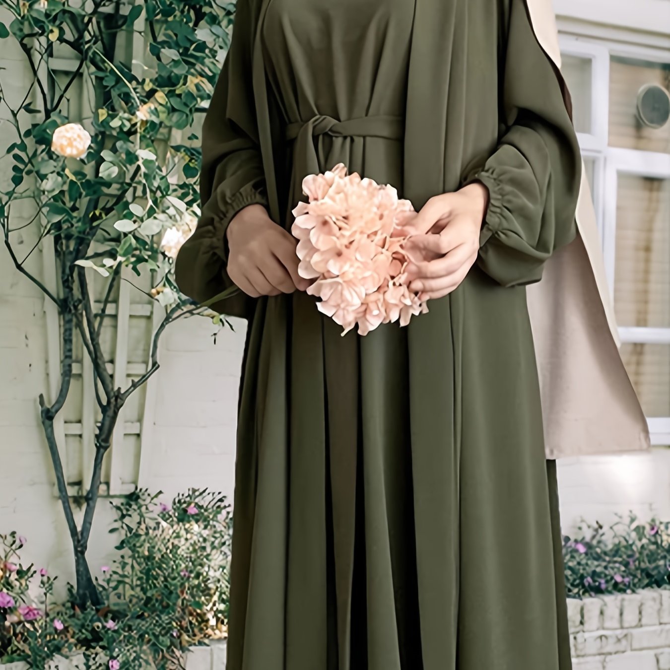 One set of sleeveless innerwear and outerwear combination in solid color, Elegant Casual polyester (polyester CEY breathable fabric) Muslim abaya for spring/summer/fall, does not include headscarf!