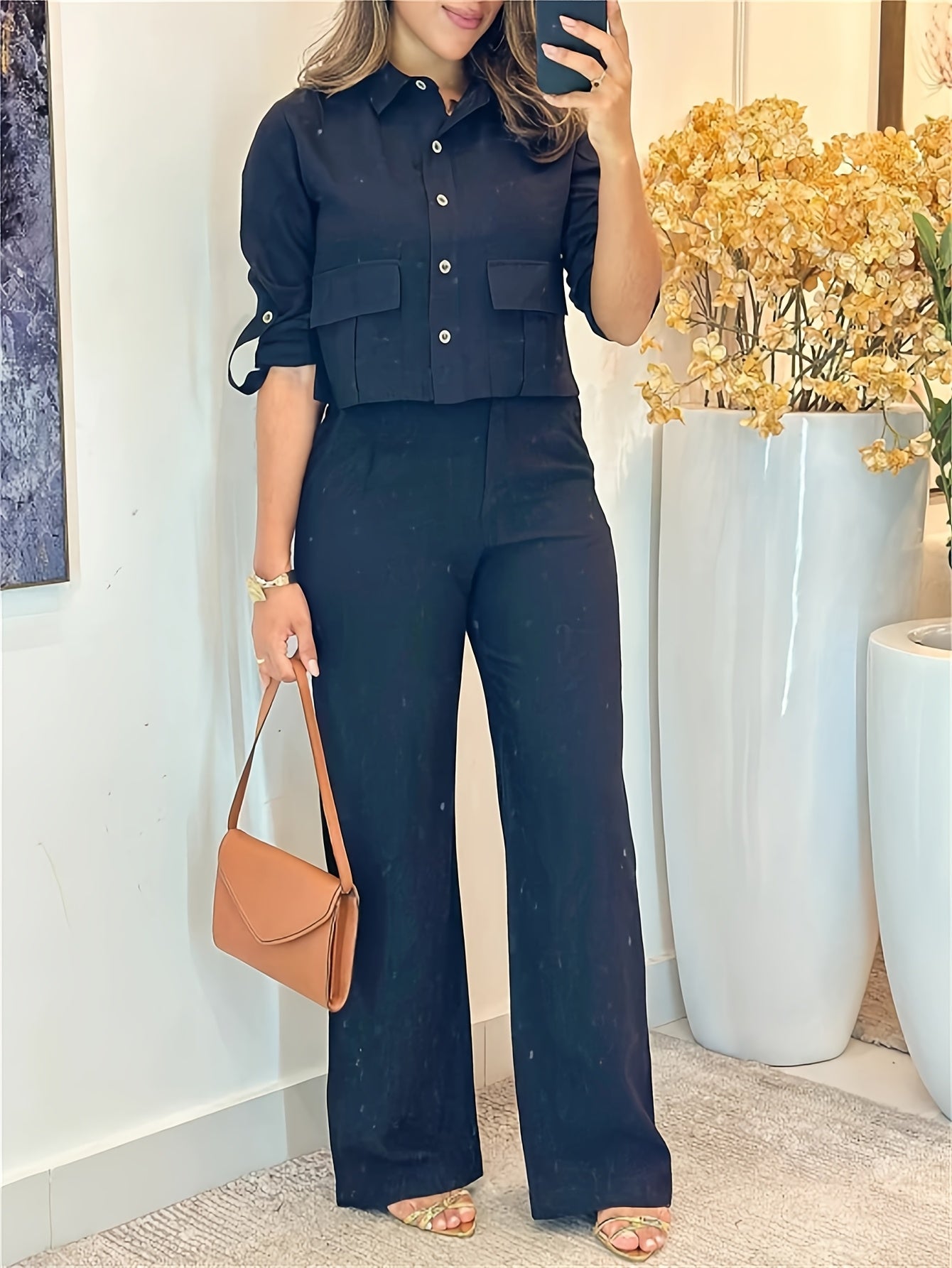 Women’s Shirt & Pants Set – Long Sleeve & Wide Leg