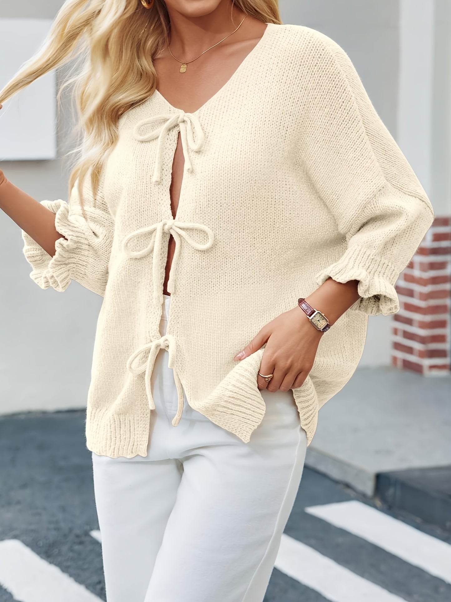 Womens Cardigan Sweater Tie Front Bow Design Lightweight Ruffle Half Sleeve Summer Jacket