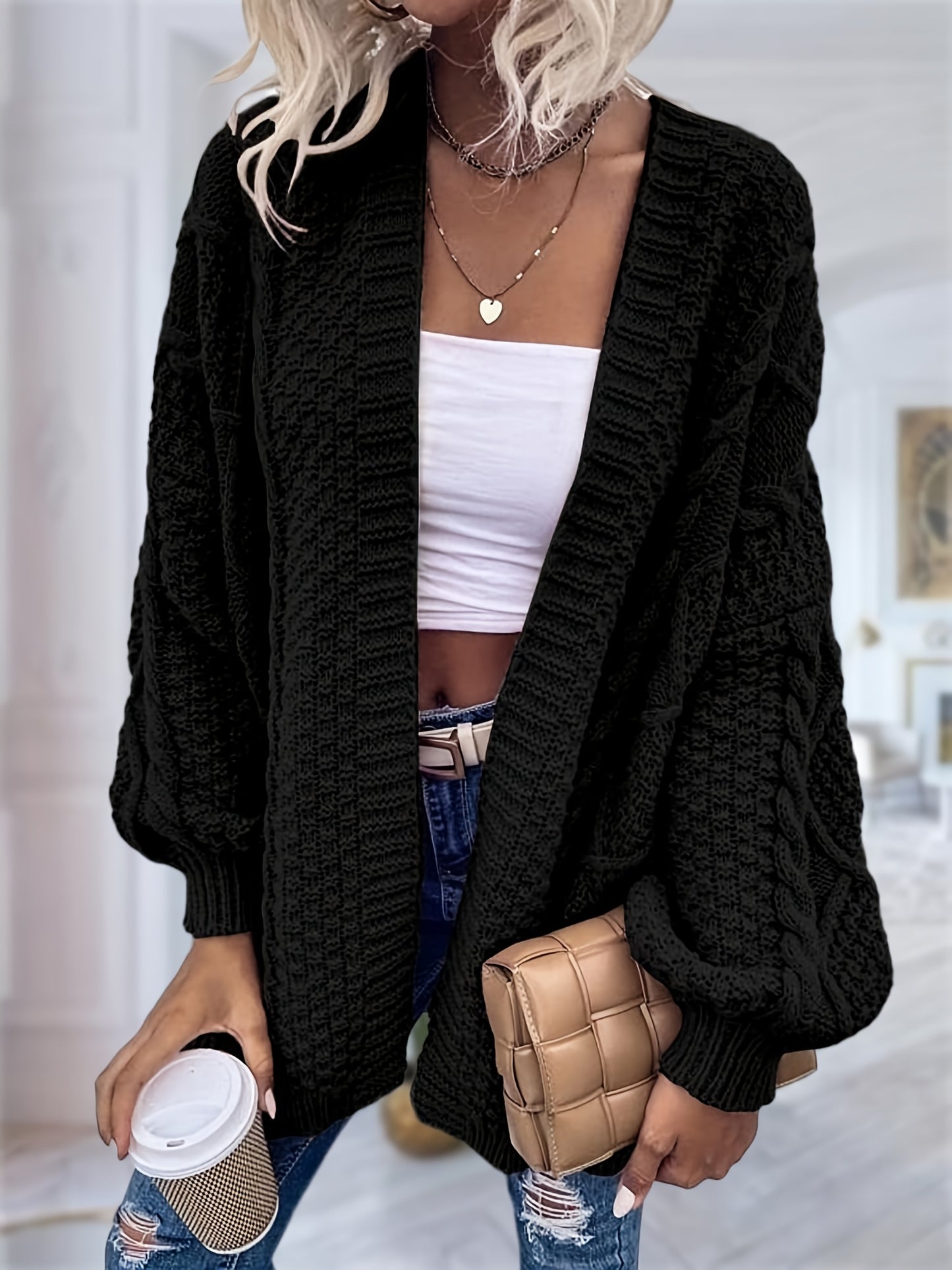 Women's Oversized Chunky Cable Cardigan Sweater Coat - Soft Pink Open Front Long Sleeve Winter Coat with Button-Free Closure, Cozy Fall & Winter Sweater for Casual Semi-Formal Outfits