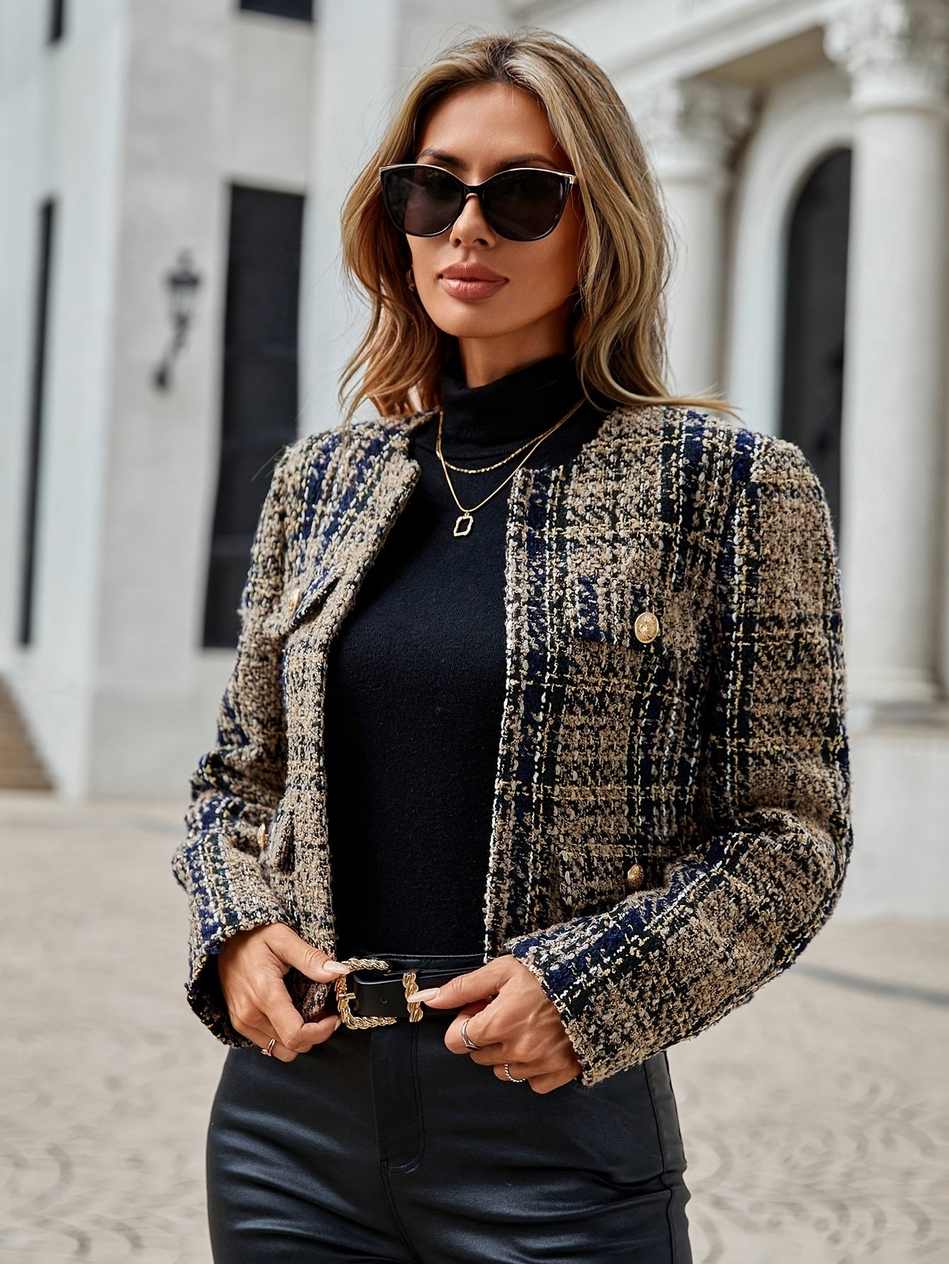 D6348 Plaid Flap Pocket Short Jacket