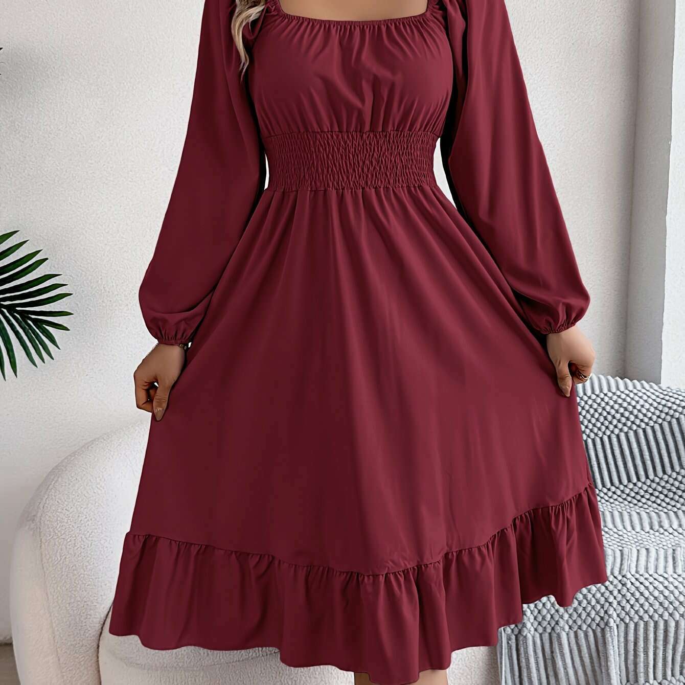 Ruffle Hem Lantern Sleeve A-line Dress, Elegant Solid Color Square Neck Backless Shirred Dress, Women's Clothing