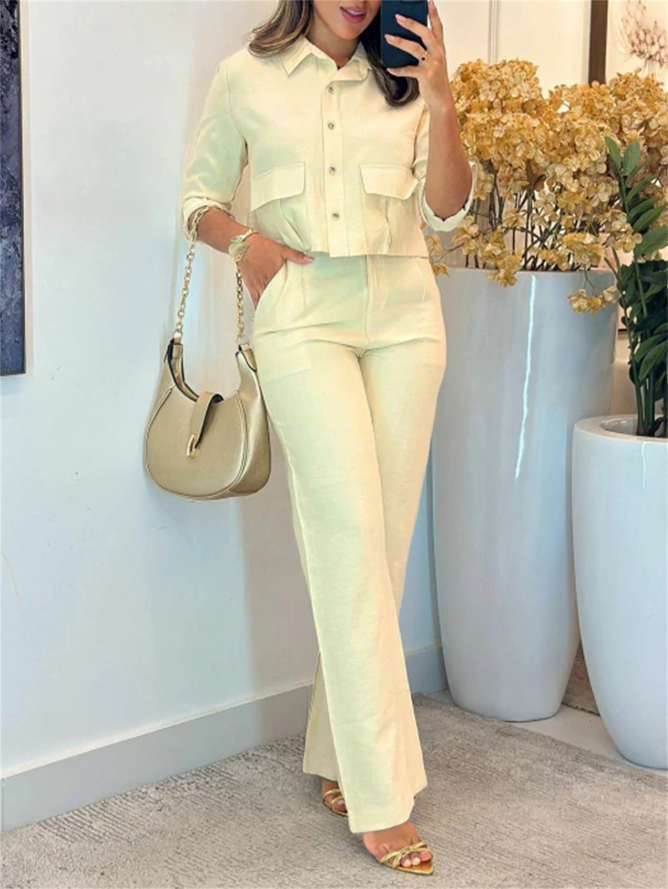 Women’s Shirt & Pants Set – Long Sleeve & Wide Leg