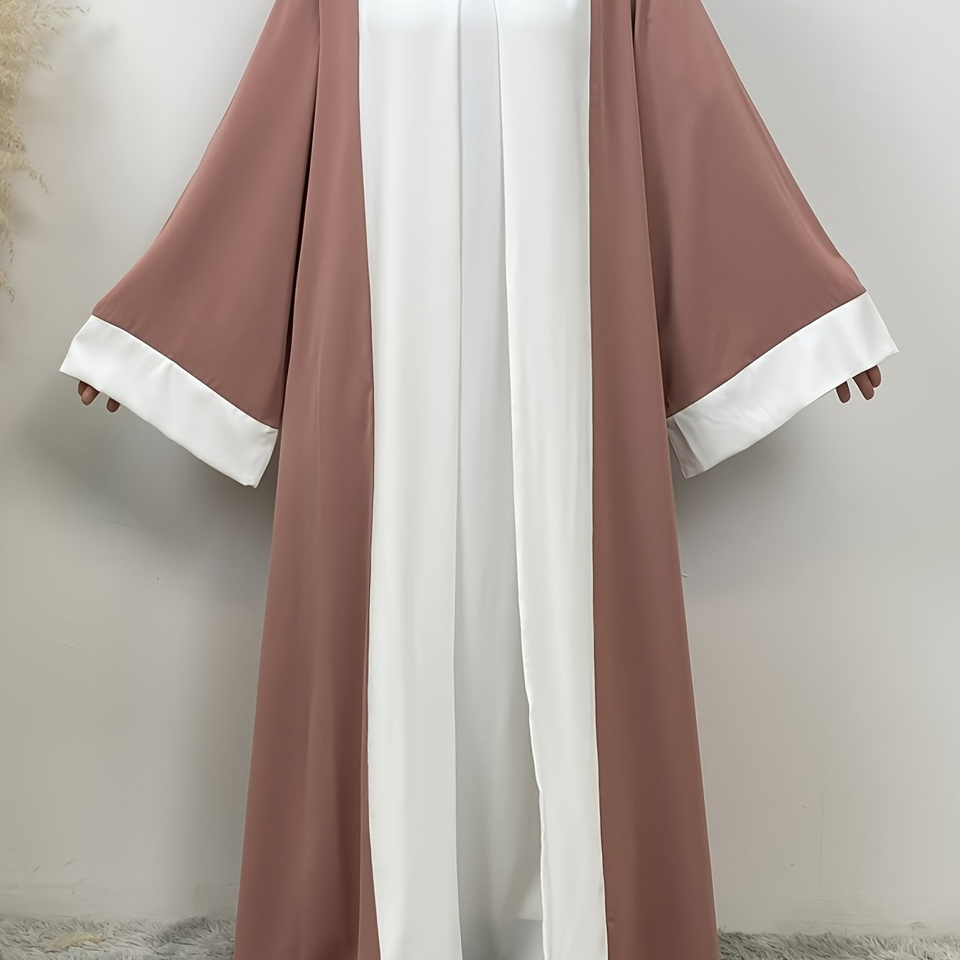 Elegant Abaya Faux Two Pieces Design, Solid Color, Long Sleeve, Kimono, Polyester, Woven, 160G/M², with Pocket, for Muslim, Spring/Fall