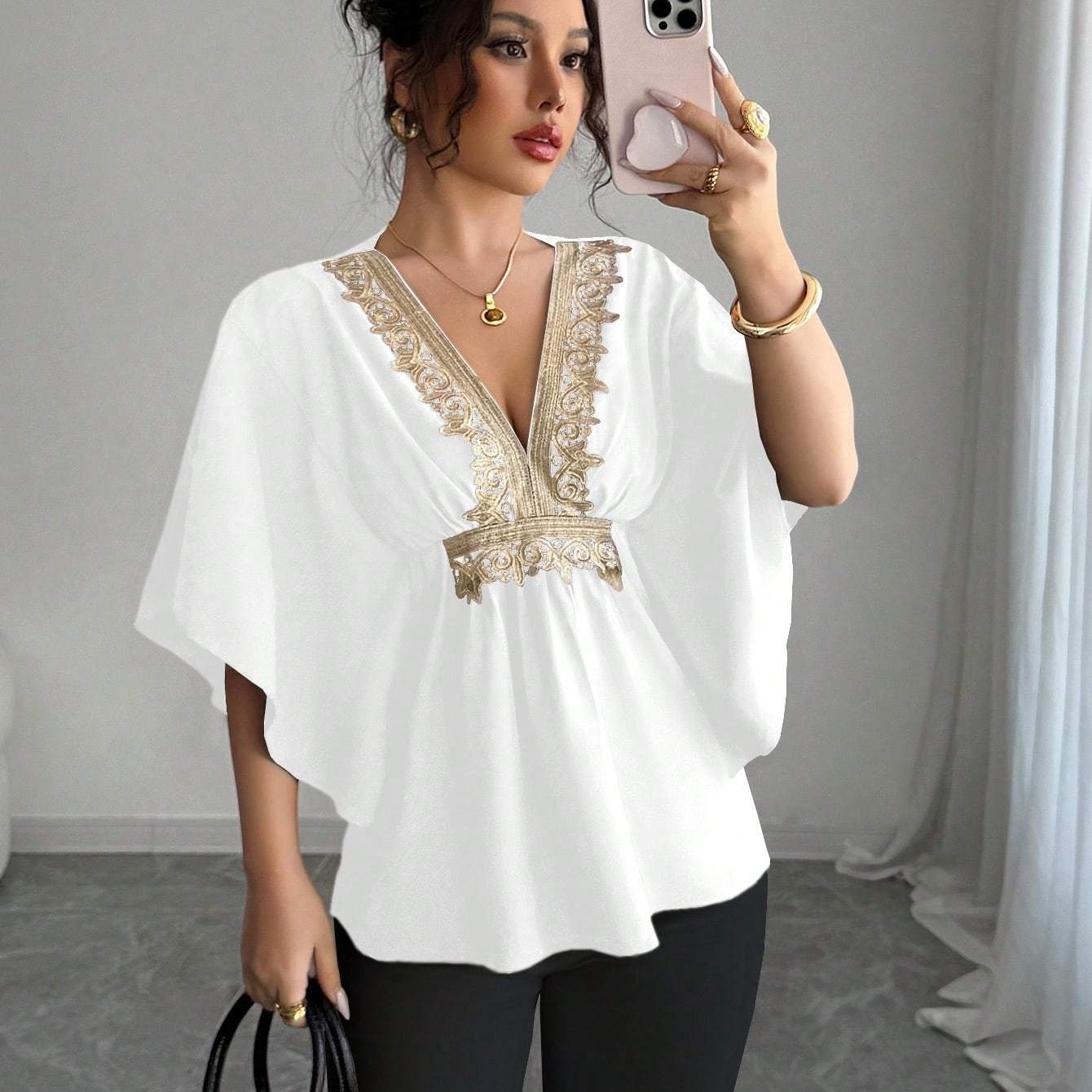 Elegant Women'S Lace Embellished Batwing Sleeve Blouse - V-Neck, Ruffle Trim, Solid Color, Cap Sleeve, Regular Length, Spring/Summer/Fall Fashion Top, Spring Summer Fashion | Vneck Blouse | Ruffle Detailing, Ladies Blouses