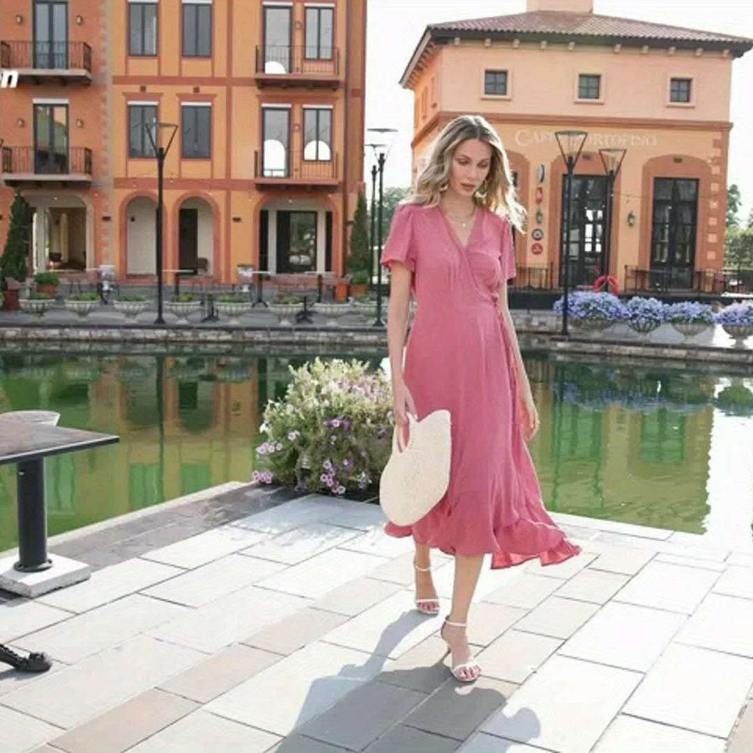 Elegant Women's Swiss Dot Surplice Neck Maxi Dress - D&M Boutique