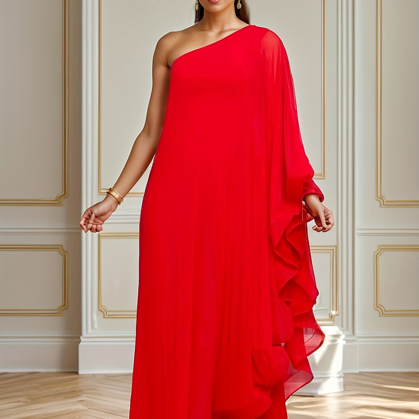 PORRCEY Sexy Single Shoulder Ruffled Sleeveless Solid Color Patchwork Elastic Jumpsuit