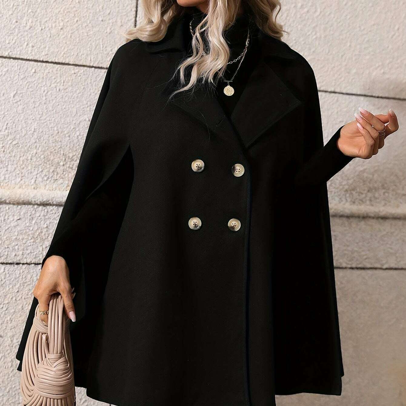 Elegant Double-Breasted Cape Sleeve Coat for Women
