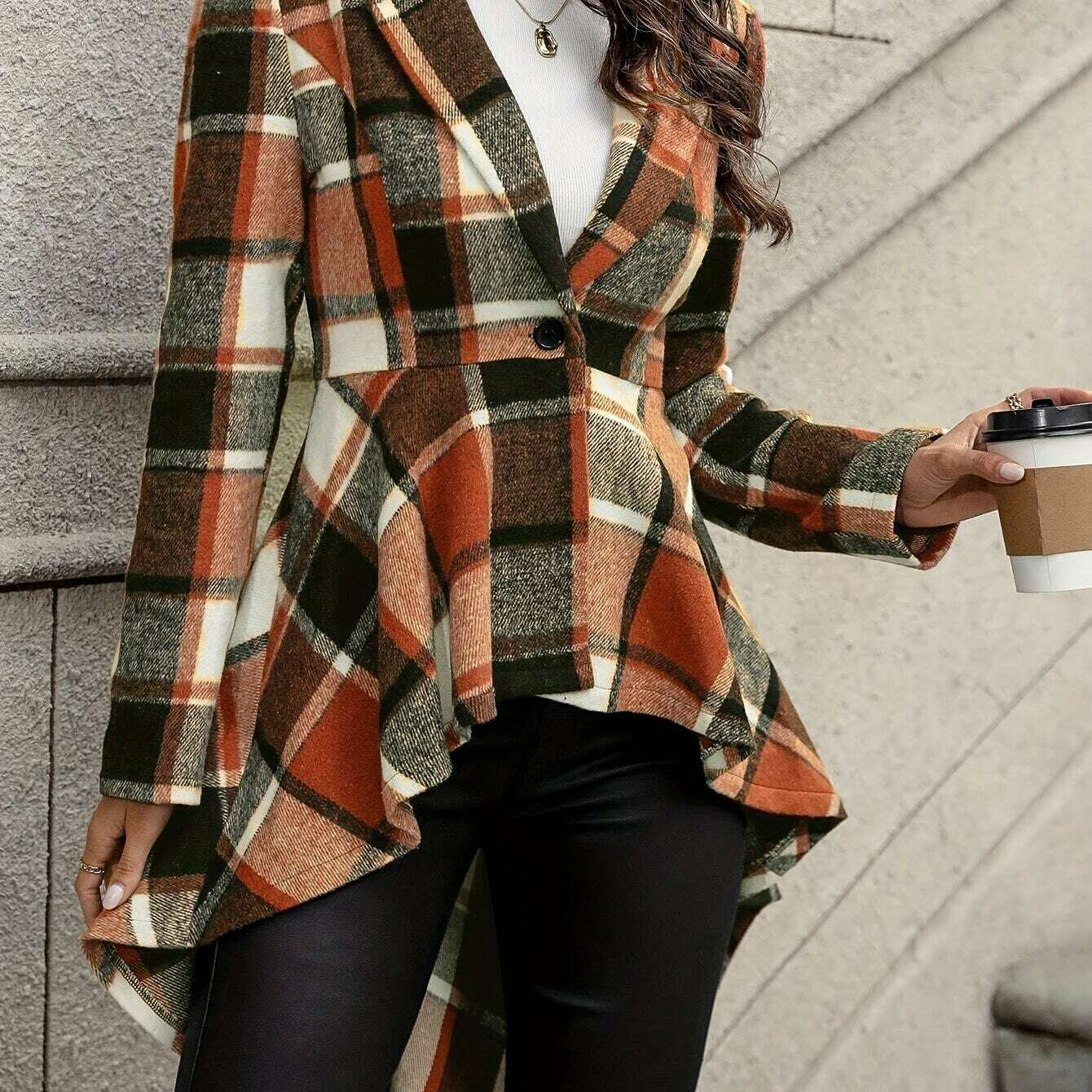 Stylish Plaid Flare Jacket with High-Low Hem for Women