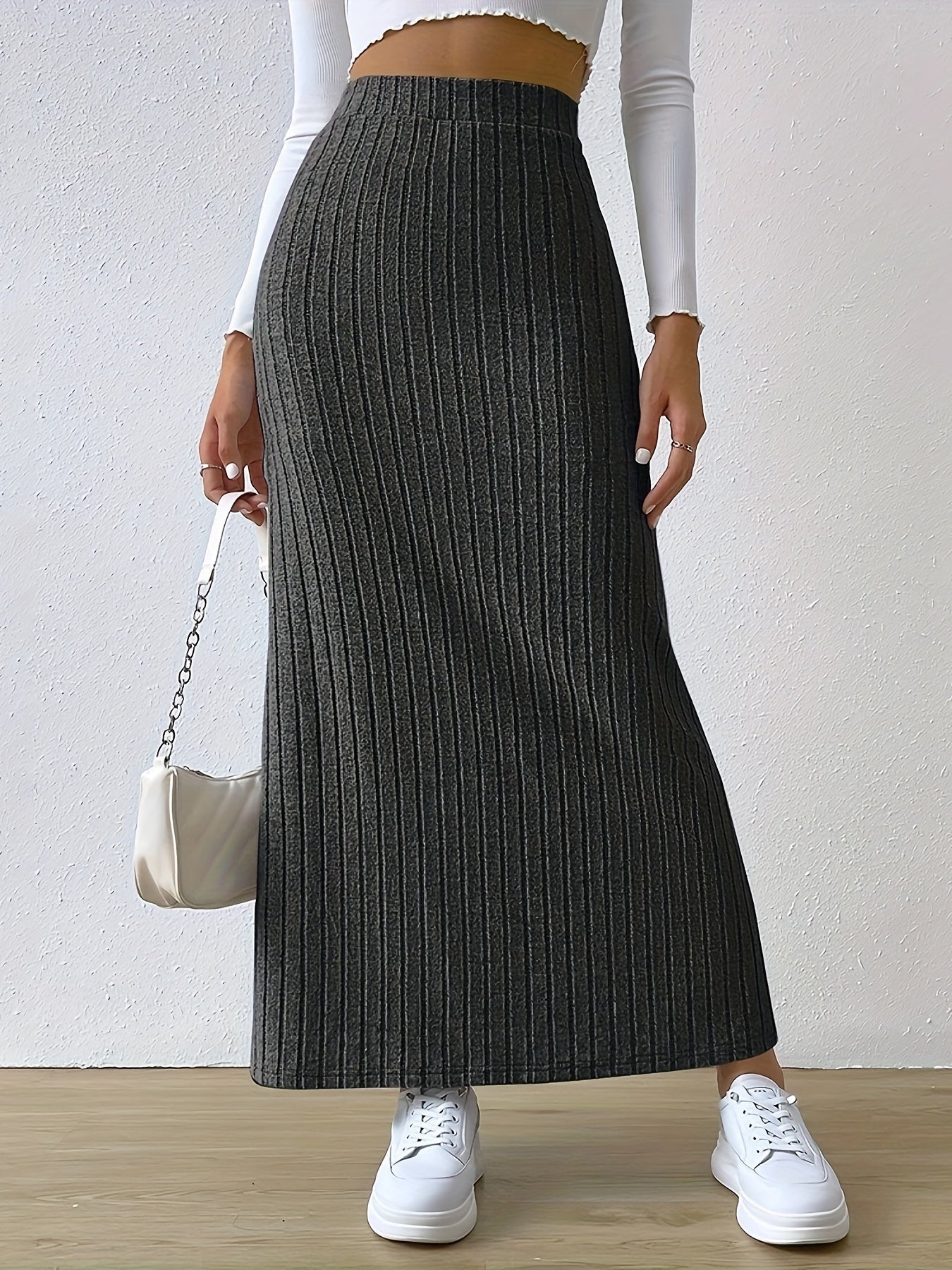 Elegant High-Waisted Ribbed Maxi Skirt with Side Slit - Stretchy Polyester Blend, Solid Color Dark Gray, Long Length for Women’s Fashion, Semiformal Attire | Modern Maxi Skirt | Knitted Fabric
