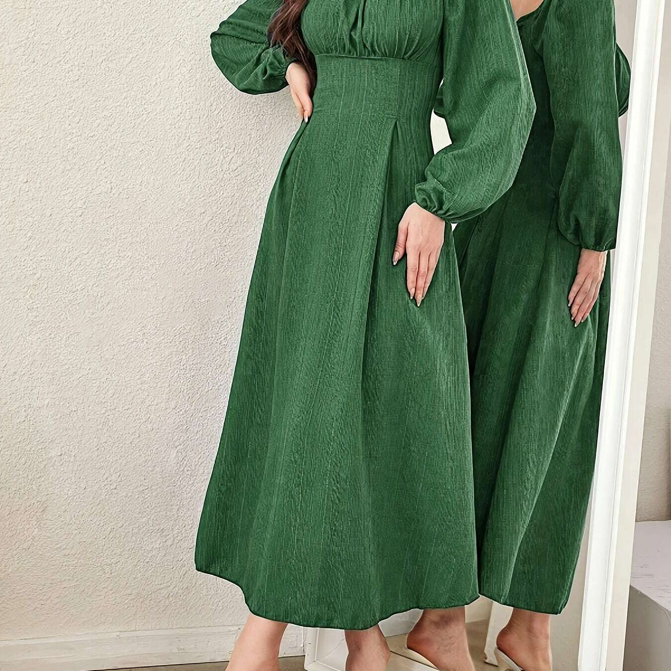Textured Cross Tie Lantern Sleeve Dress – Elegant & Romantic