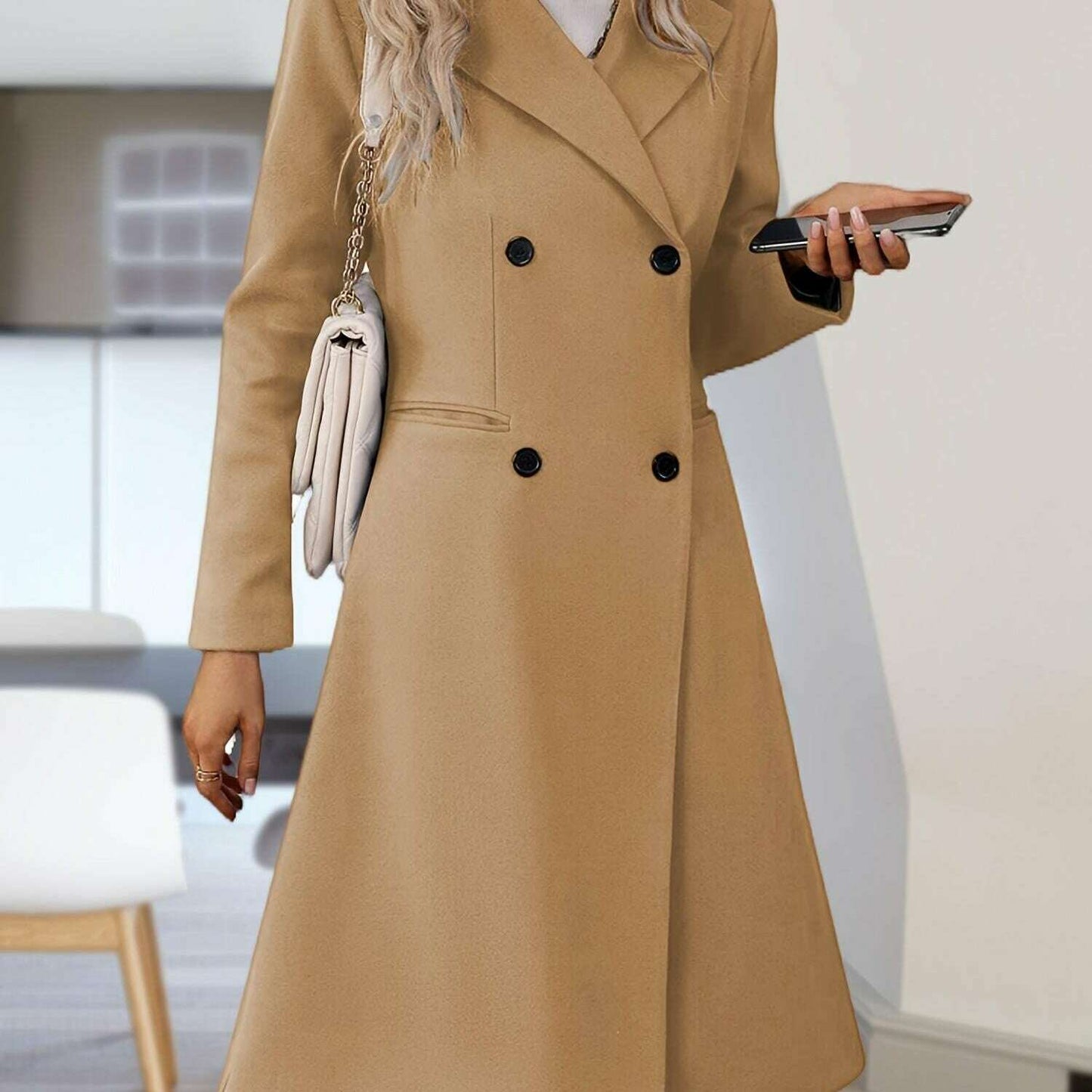 Women's Long Double-Breasted Pea Coat with Lapel Collar