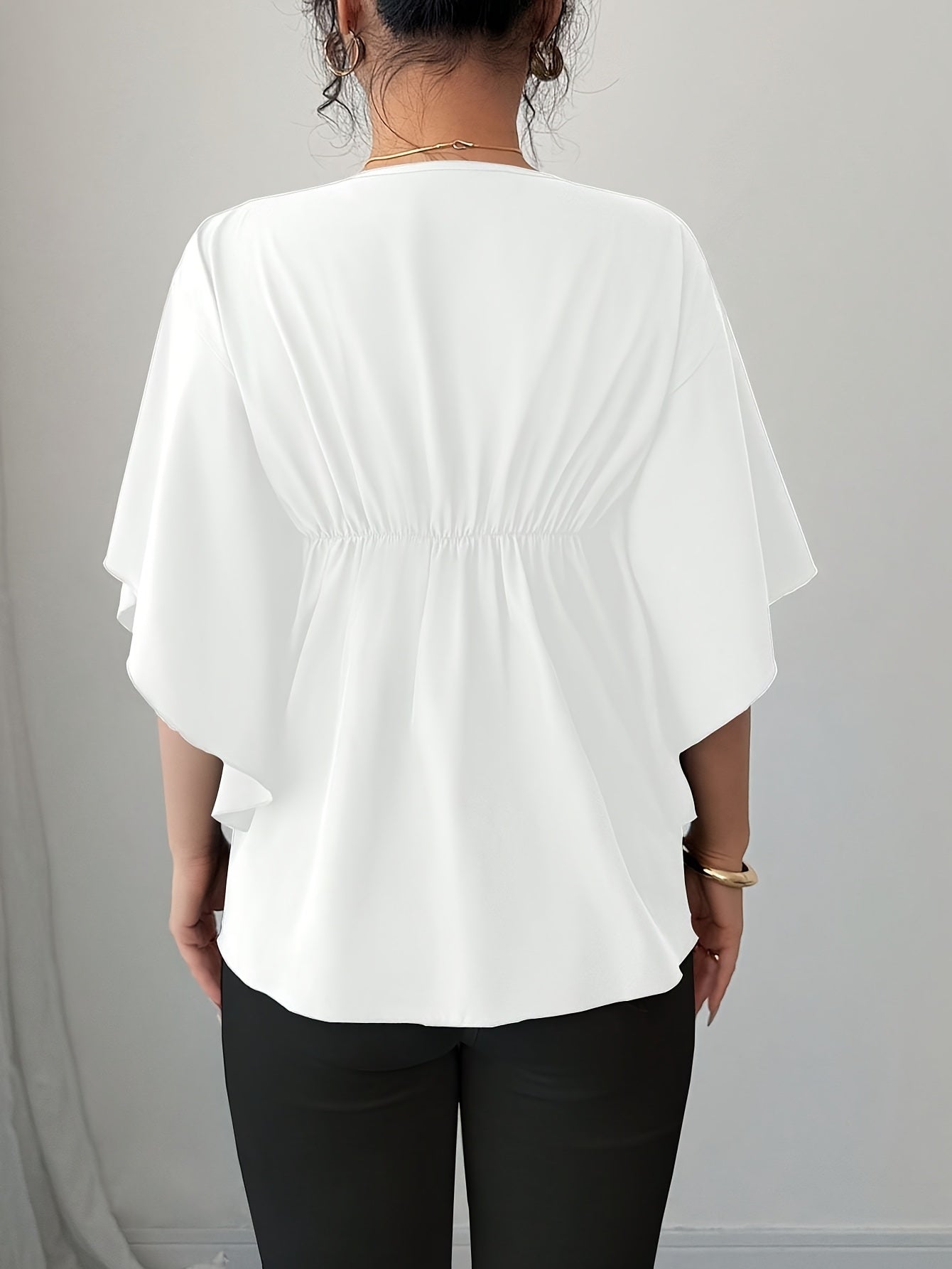 Elegant Women'S Lace Embellished Batwing Sleeve Blouse - V-Neck, Ruffle Trim, Solid Color, Cap Sleeve, Regular Length, Spring/Summer/Fall Fashion Top, Spring Summer Fashion | Vneck Blouse | Ruffle Detailing, Ladies Blouses
