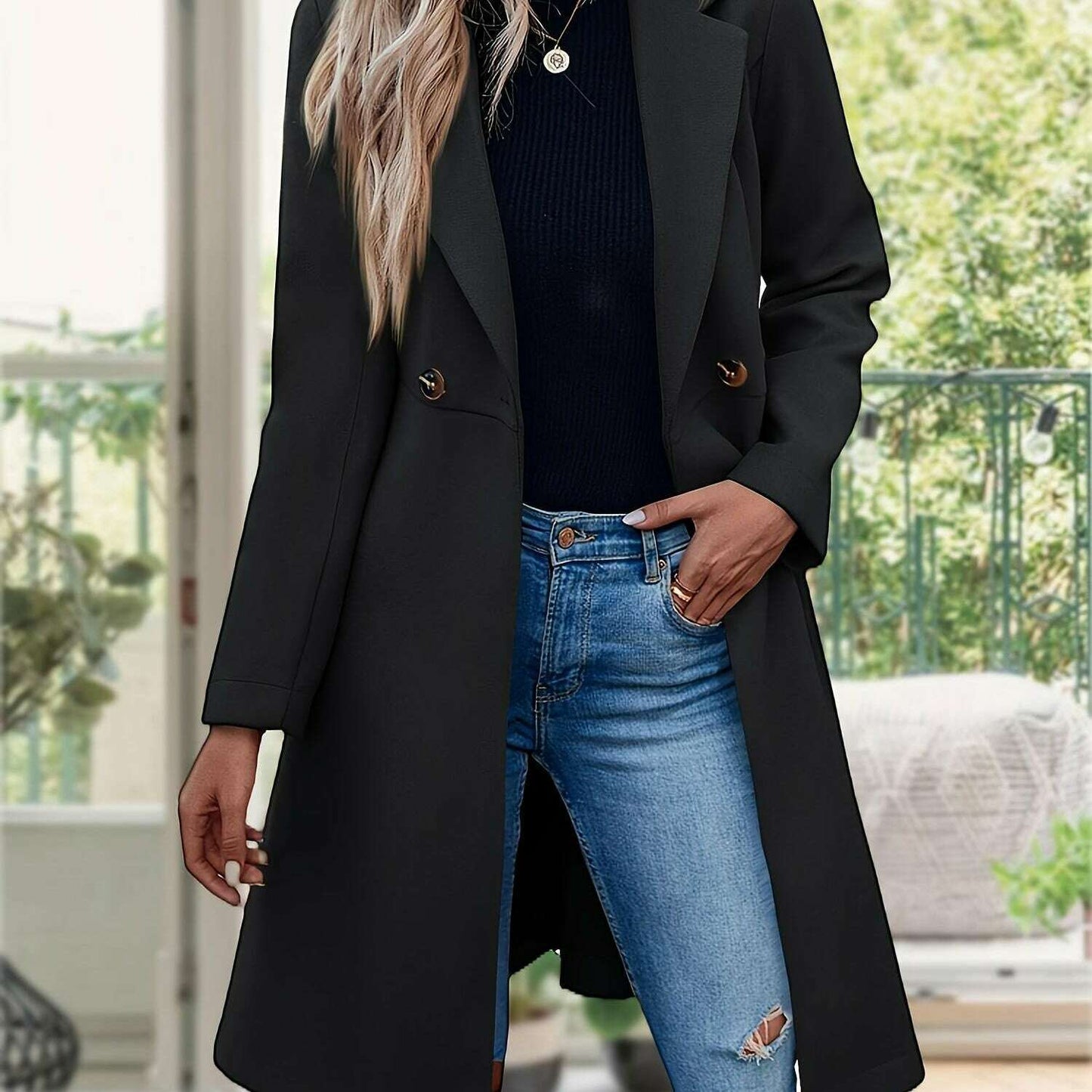 Women's Pea Coat Trench Jacket with Notched Lapel & Belt