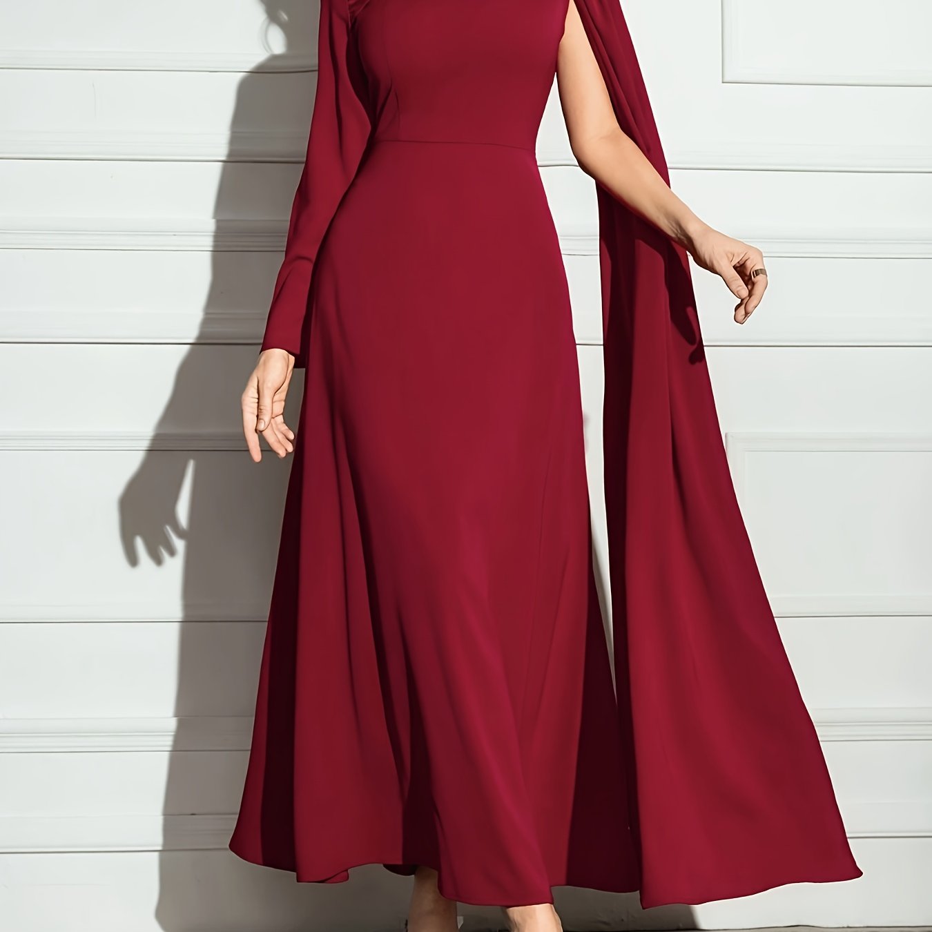 Elegant Maroon A-Line Midi Dress with Keyhole Detail - Long Sleeve, Round Neck, Flowing Silhouette, Perfect for Weddings & Formal Events, A Dress for Women
