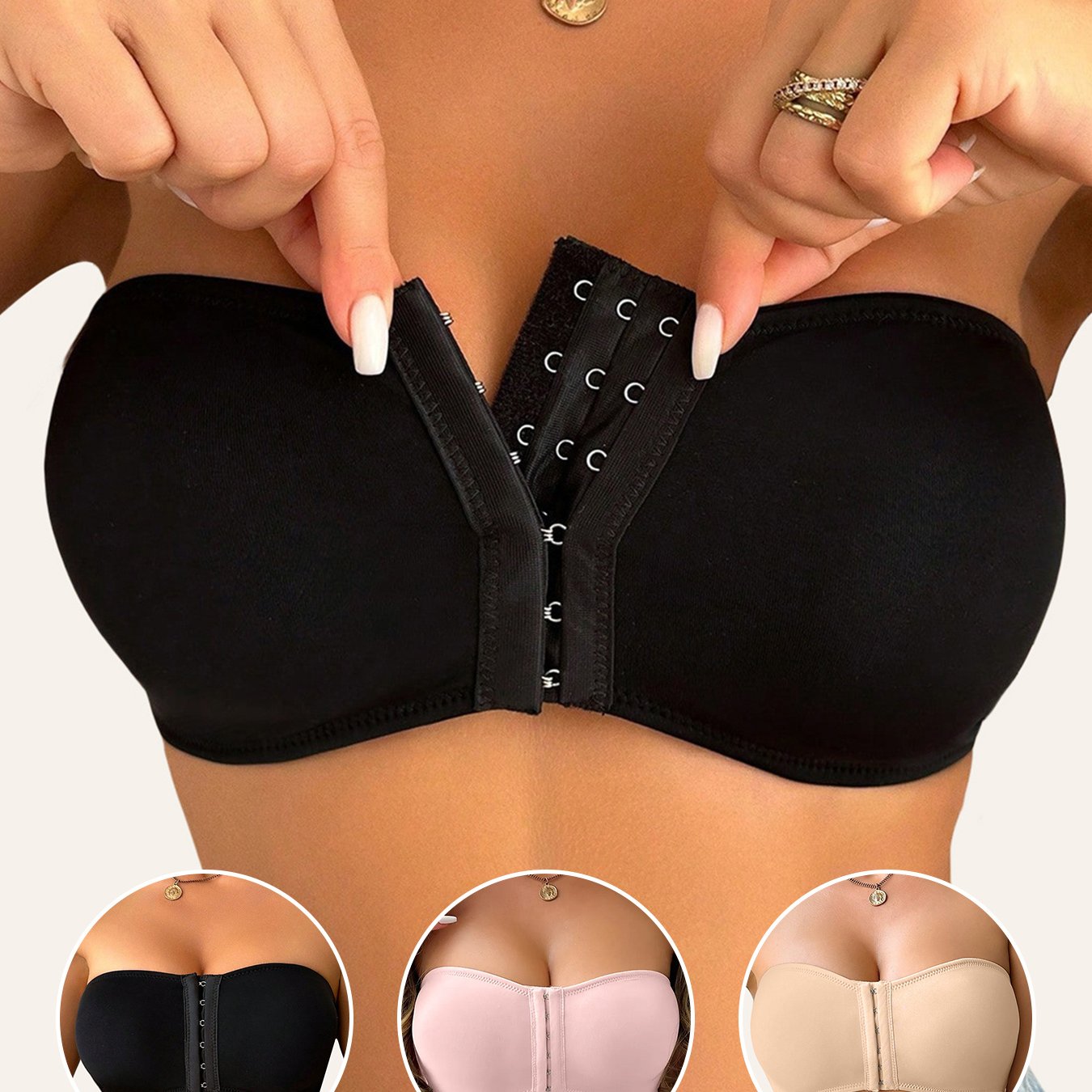 3pcs, Spring and Summer Style, Strapless, No Underwire, Front Closure, Removable Pads, Soft, Breathable, Comfortable, Anti-Displacement