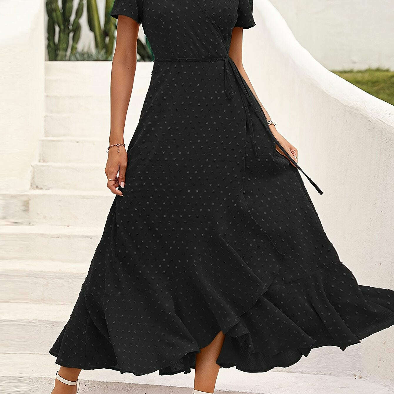 Elegant Women's Swiss Dot Surplice Neck Maxi Dress - D&M Boutique