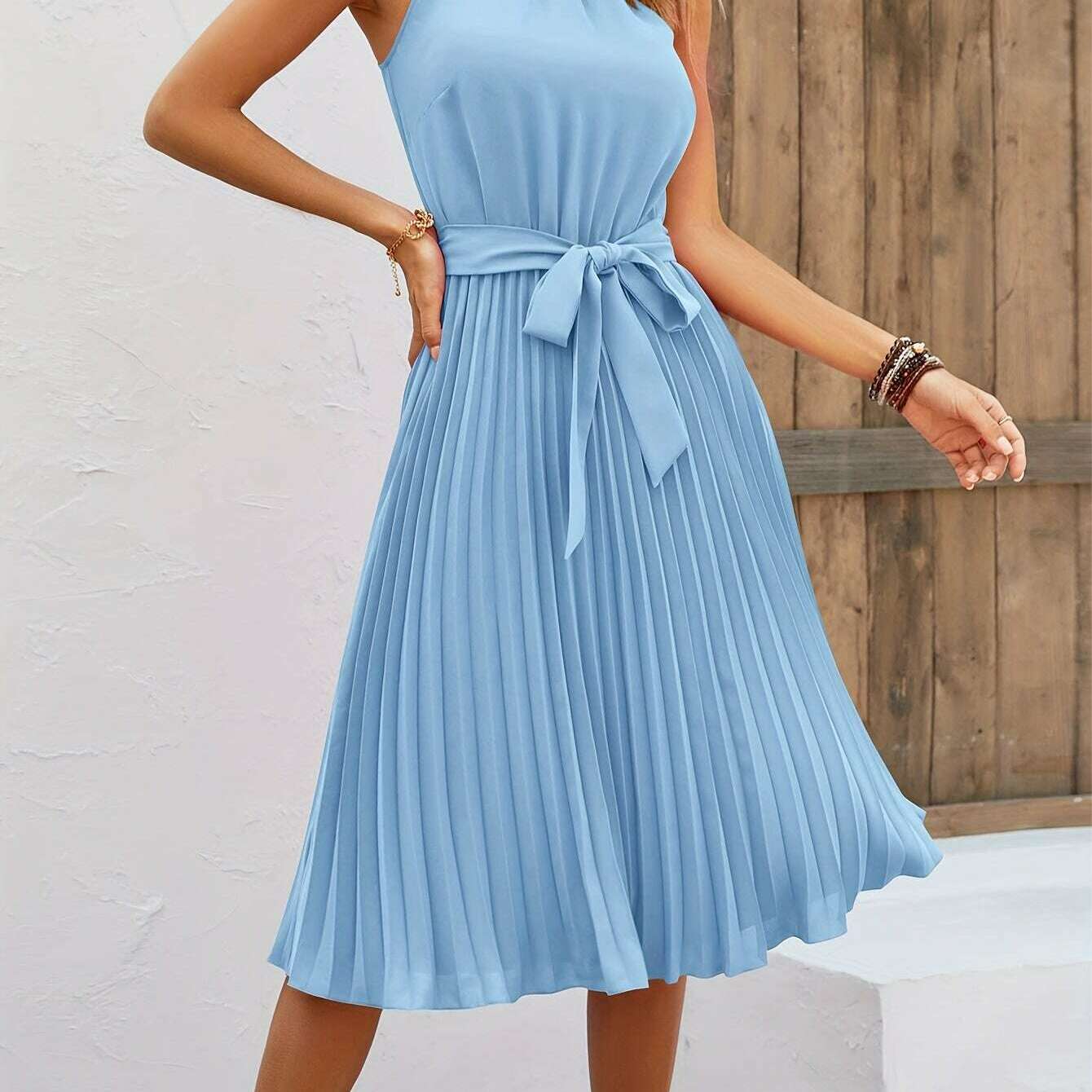 Women's Sleeveless Halter Pleated A-Line Summer Dress - D&M Boutique
