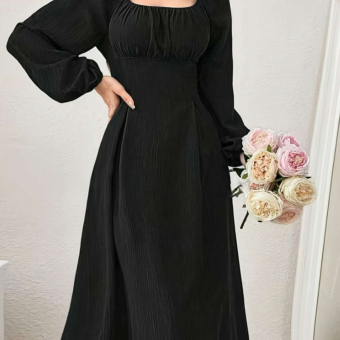 Textured Cross Tie Lantern Sleeve Dress – Elegant & Romantic