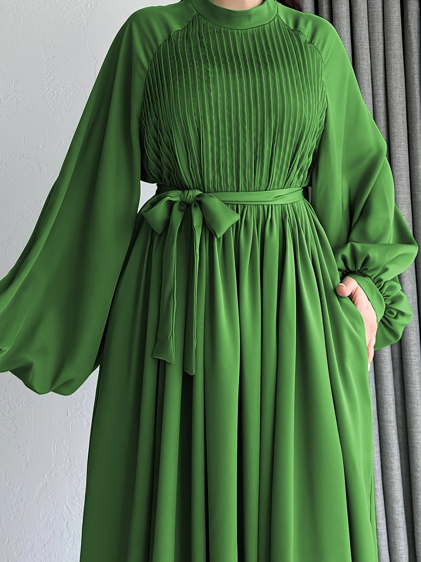 Solid Pleated Mock Neck Modest Dress, Elegant Lantern Sleeve Belted Ruffle Hem Maxi Dress, Women's Clothing