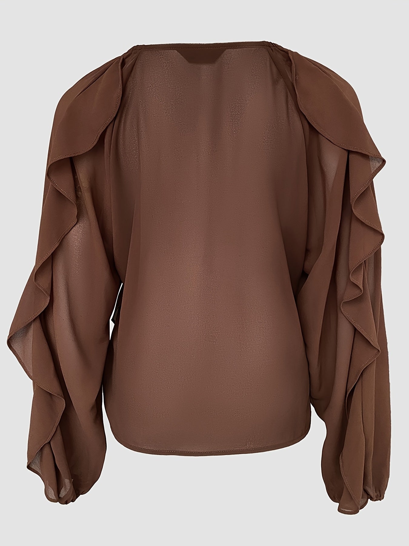 Women's Elegant V-Neck Blouse with Asymmetrical Shoulder Ruffles - Slim Fit Long Sleeve Top, Solid Color Casual Chic Shirt for Spring/Fall, Hand Wash Only, Spring Fall Attire, Ruffle Detail Top, Sophisticated Texture, Fall Wa