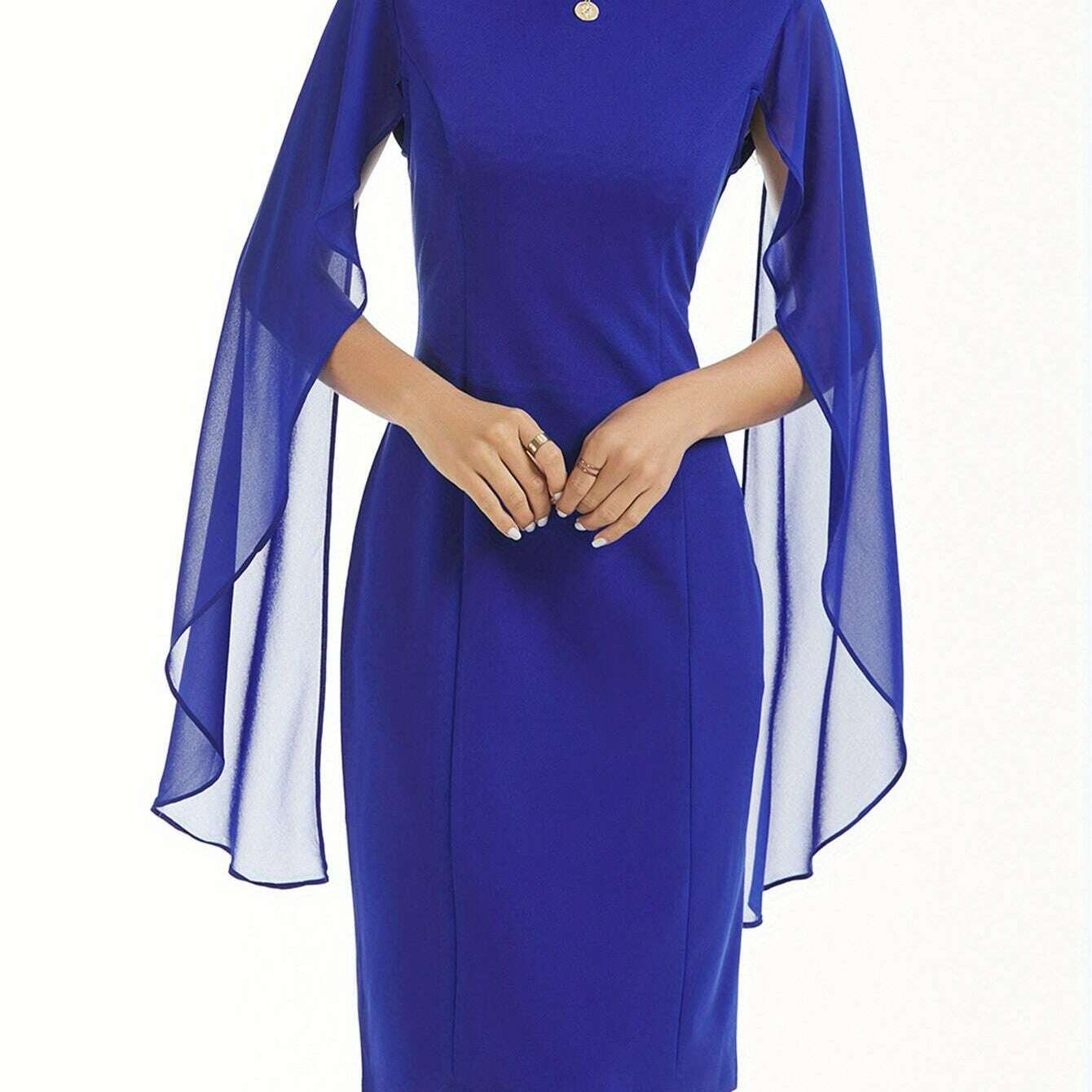 Elegant Midi Bodycon Dress with Cape Sleeves and Slit Hem - D&M Boutique