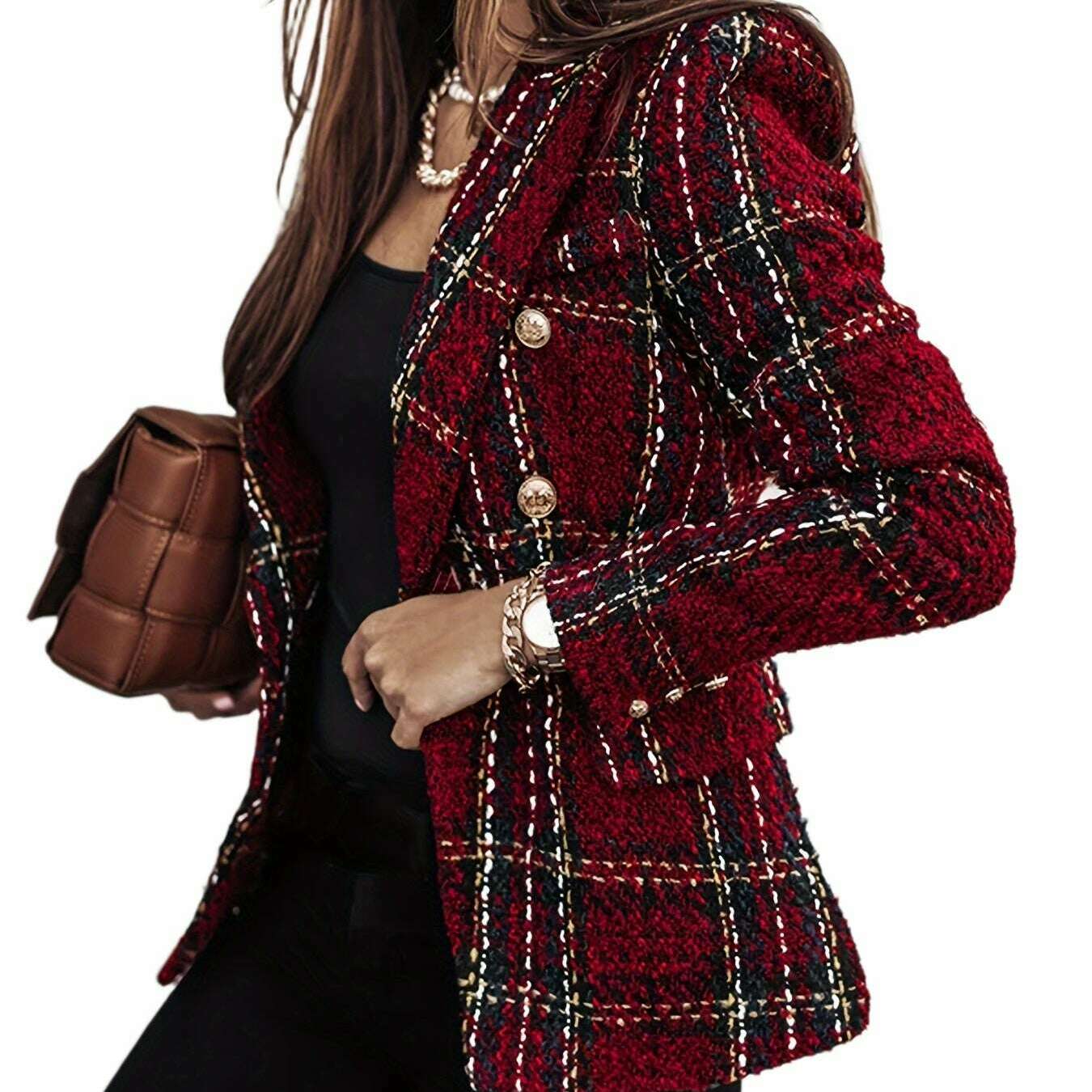 Elegant Plaid Tweed Double-Breasted Blazer for Women