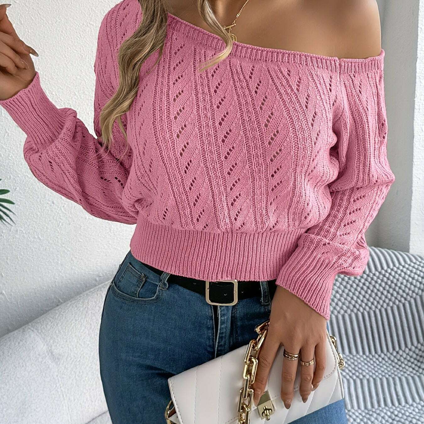 Elegant Slant Shoulder Cut-Out Knit Sweater for Women