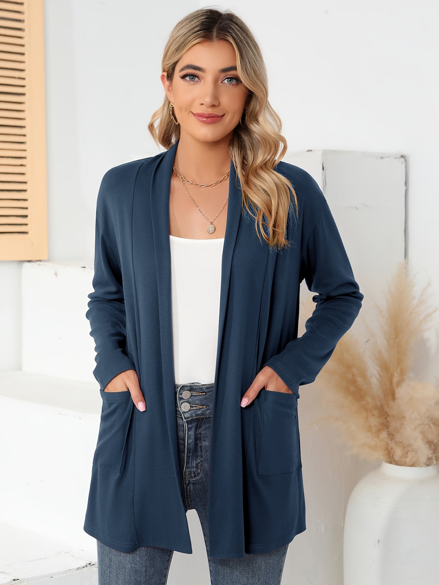 Spring & Autumn Women's Casual Solid Color Cardigan – Open Placket with Double Pocket Design