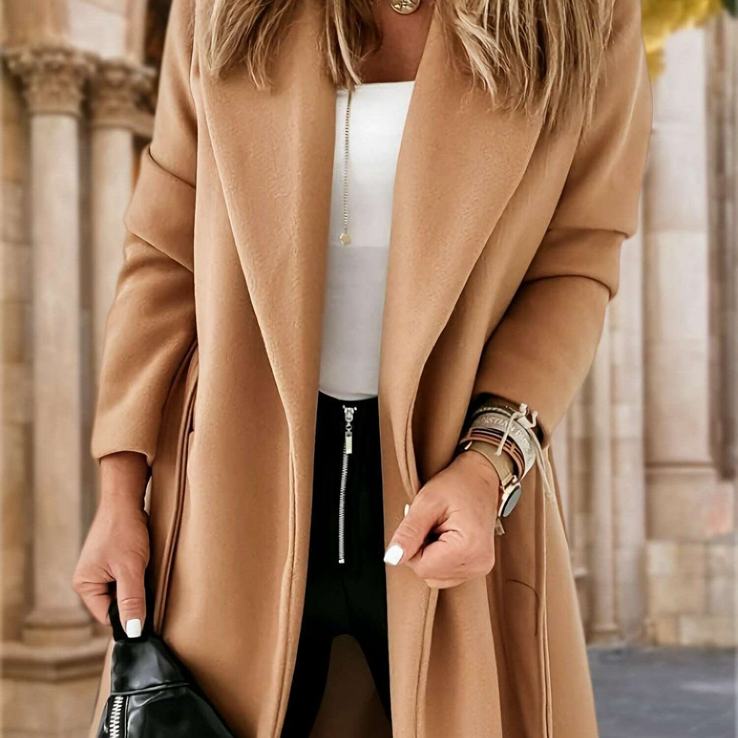 Women's Classic Long Jacket with Lapel Collar and Belt