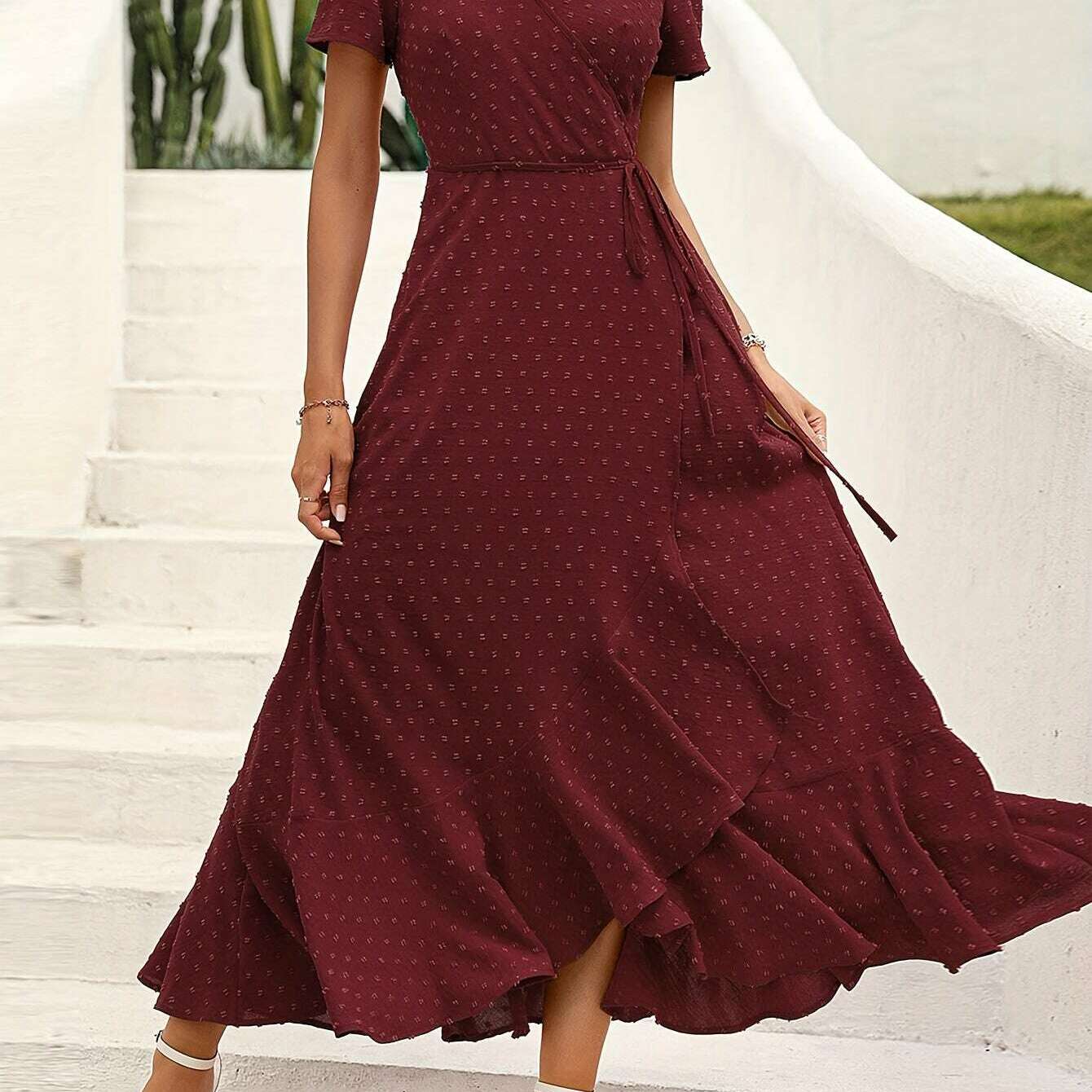 Elegant Women's Swiss Dot Surplice Neck Maxi Dress - D&M Boutique