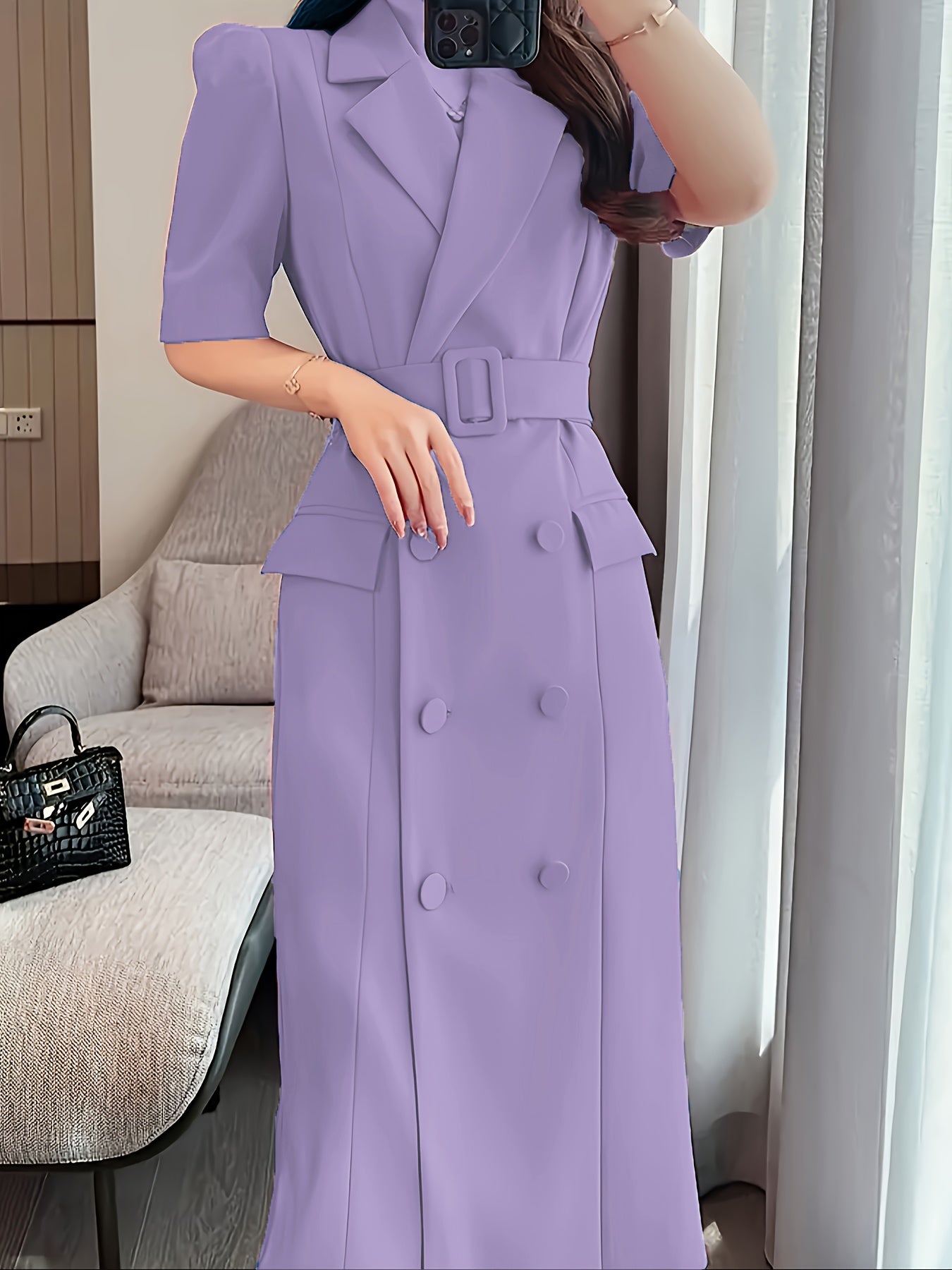 Elegant French-Inspired Magenta Pink Pencil Dress - Chic Notched Collar, Button Detail, Polyester Blend for Women, Perfect for Spring & Fall