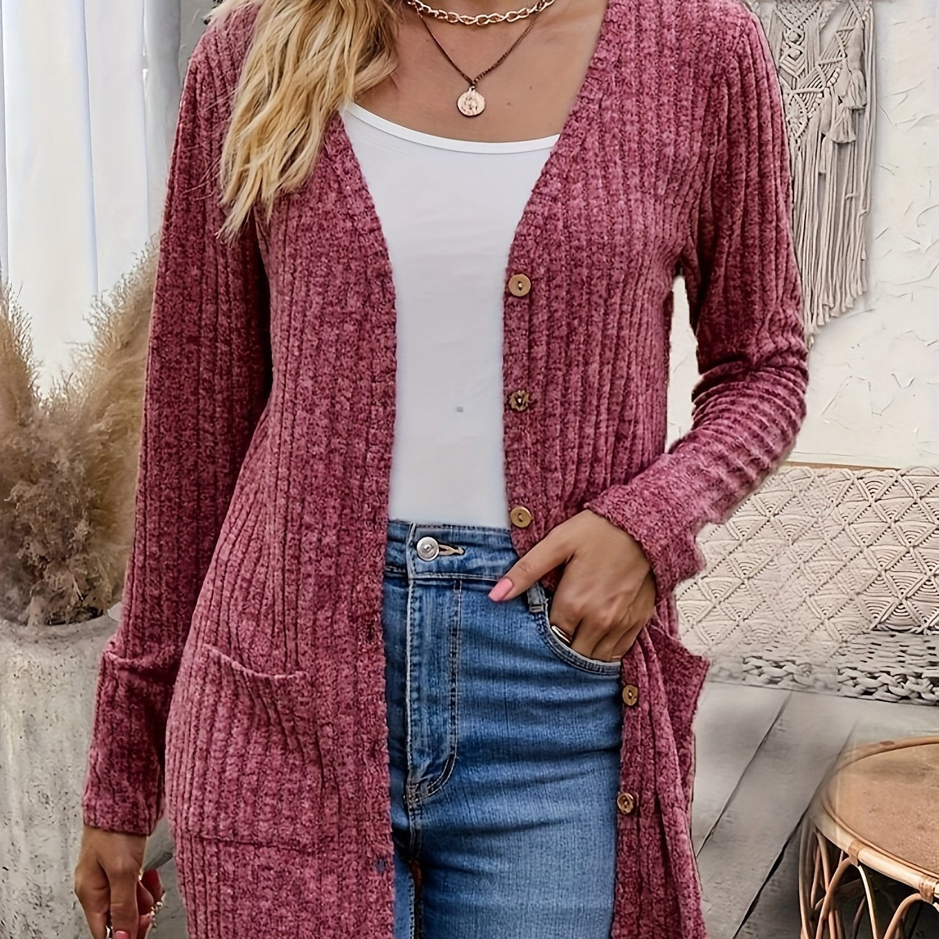 1pc Women's Casual V-Neck Long Sleeve Cardigan - Soft Polyester with Slight Stretch, Button Front Placket & Long Length, Machine Washable Solid Color Fall Winter Outerwear, Cardigan, Seasonal Wardrobe, Elegant Simplicity, Com