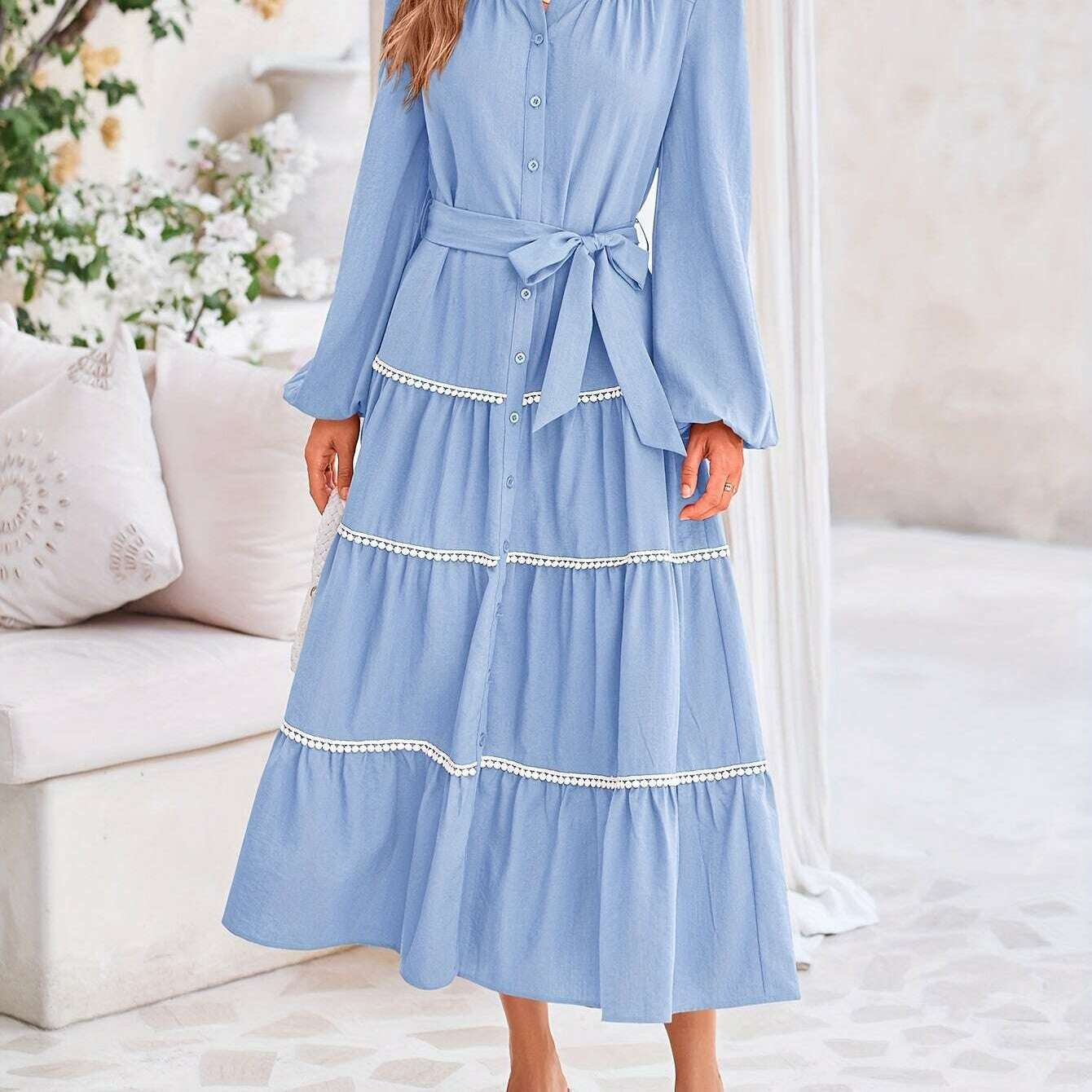 Women'S Spring Casual Dress Loose Drawstring Lantern Sleeve Long Sleeve Tier Dress With Pockets