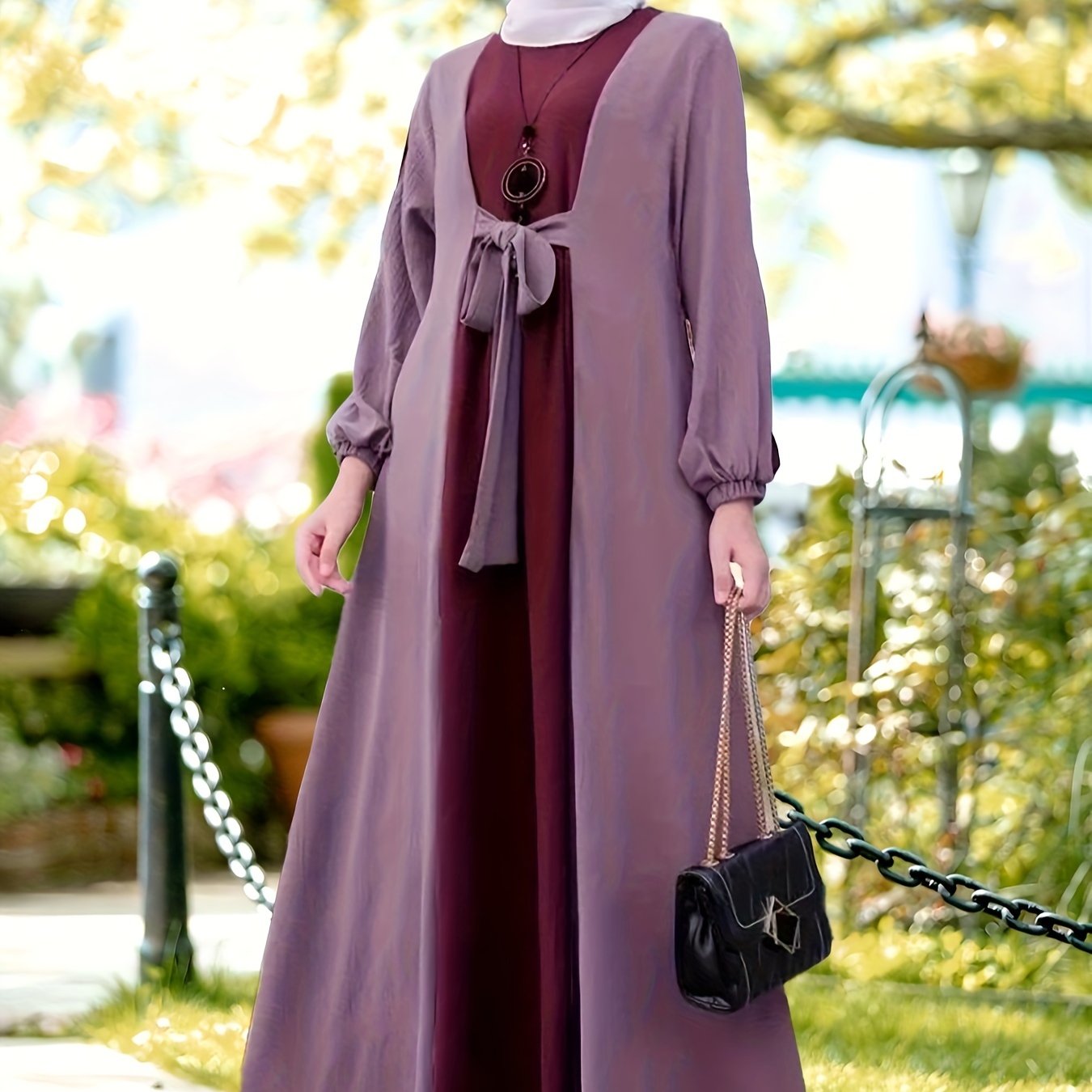 Ramadan Elegant Tie Front Kaftan Dress - Abayas with Long Sleeve, Maxi Length, Color Block Design, Women's Clothing for Special Occasions - Classic, Modest, and Chic Fashion