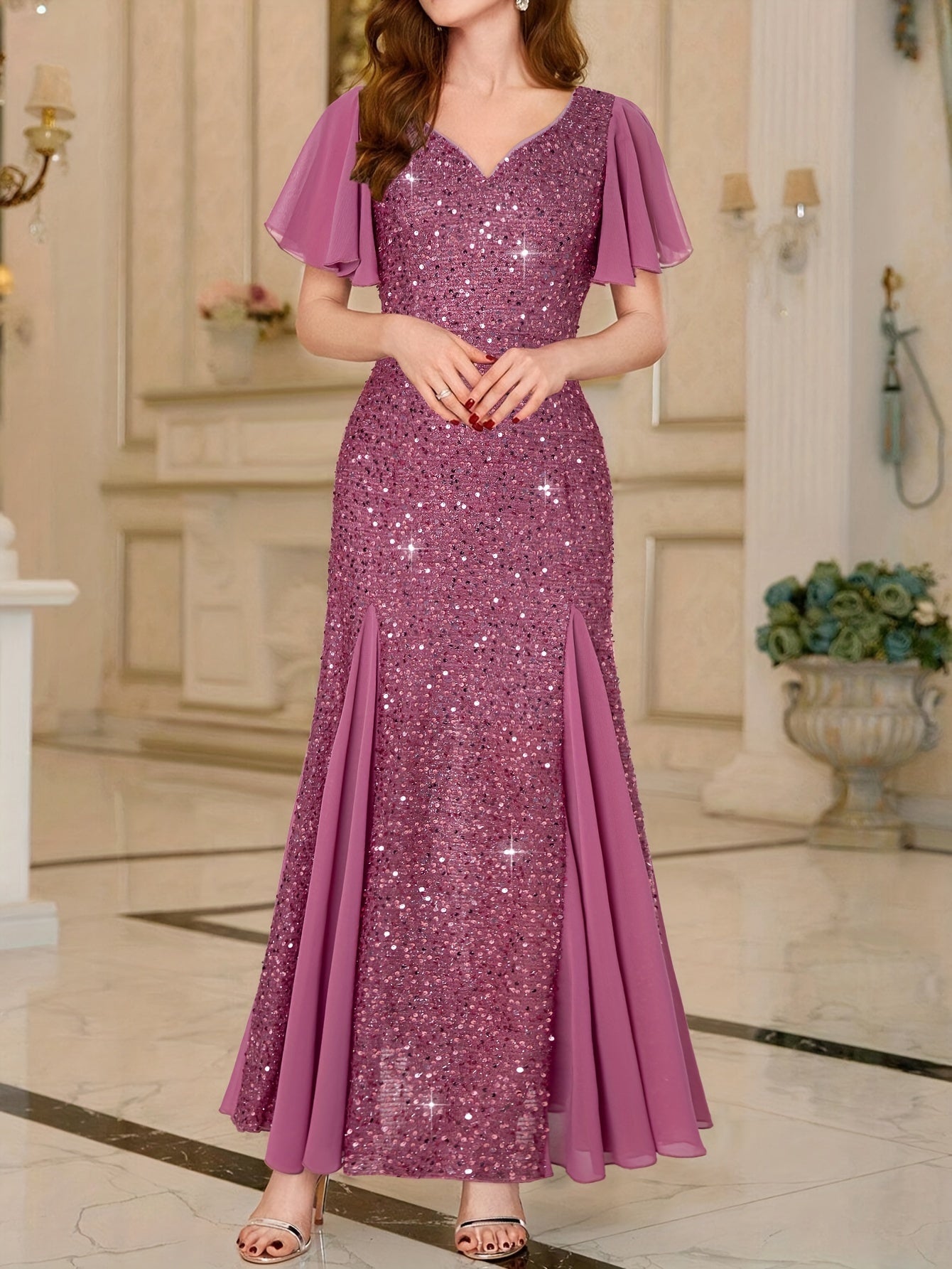 Purple Lotus Sequin Evening Gown – Timeless & Graceful