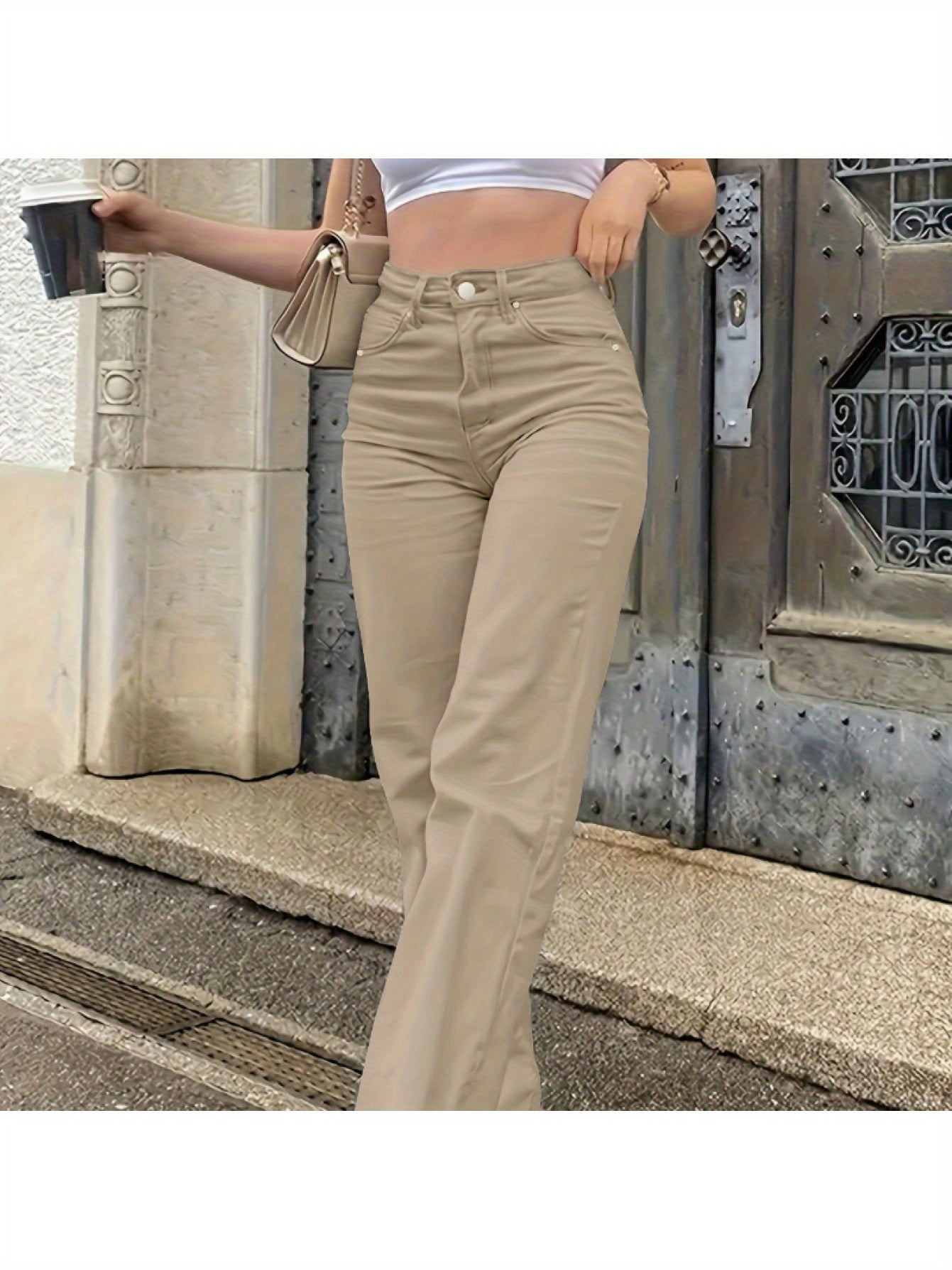 Women'S High-Waisted Straight-Leg Jeans - Stretch Denim with Pockets, Beige, Casual & Workplace Style, Mid-Rise, Flared Design, Perfect for Spring Commuting, High Waisted Jeans
