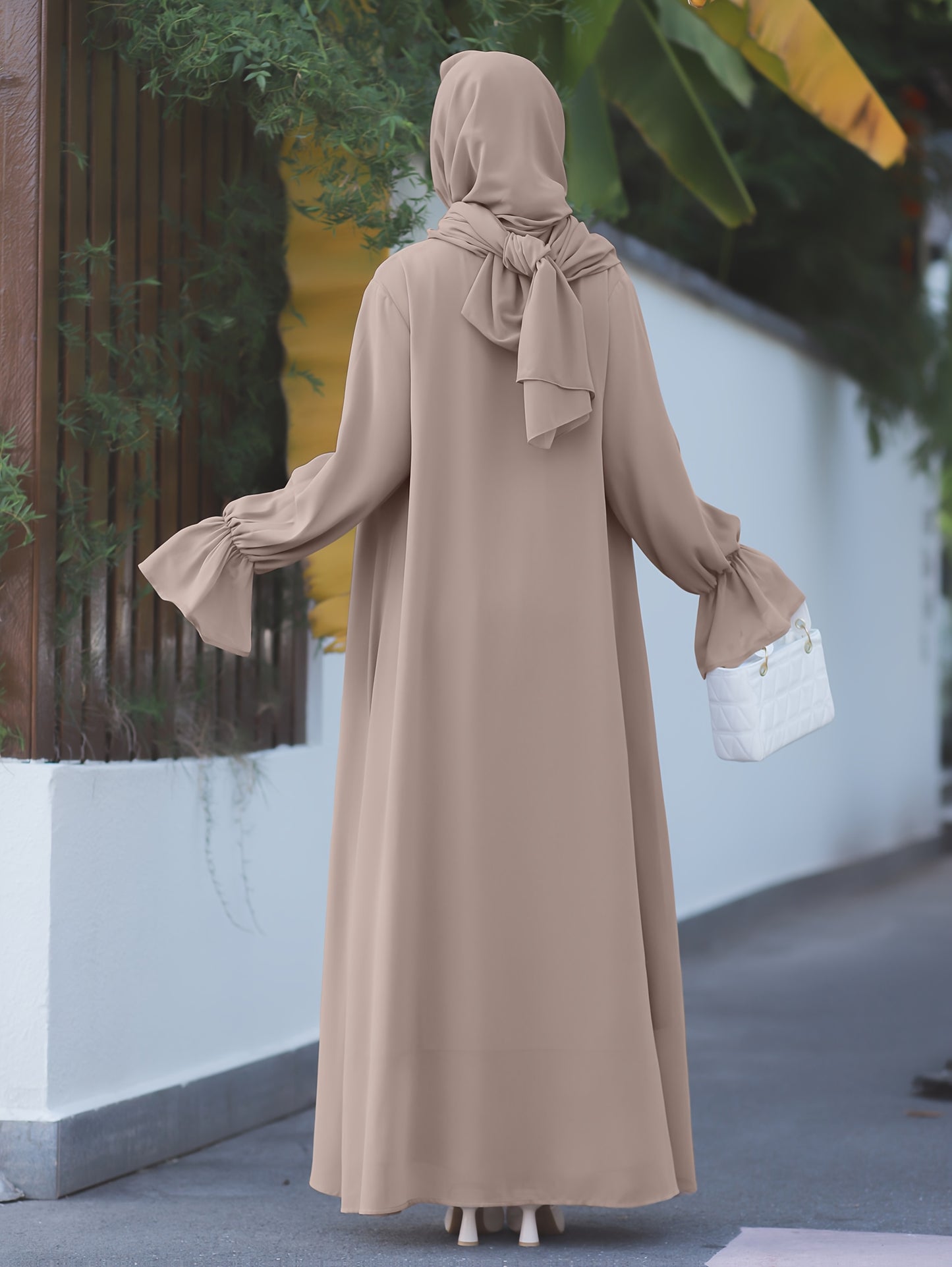 Middle Eastern Muslim Elegant Chiffon Abaya Set with Vest and Belted Outer Wrap