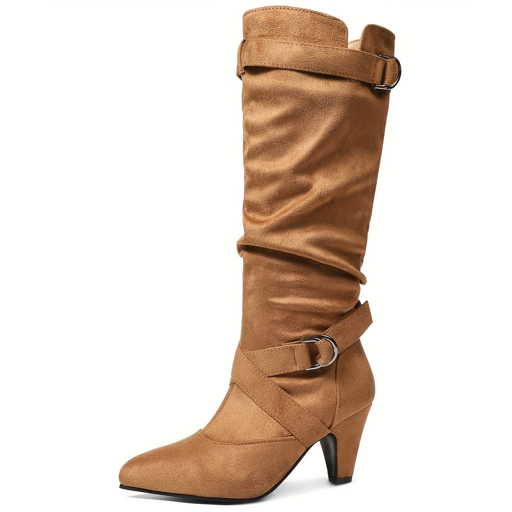 Women's Brown Retro Mid-Calf Boots - Thick High Heels, Pointed Toe, Buckle Straps, Stylish Pull-On for Party or Office, Suedelike