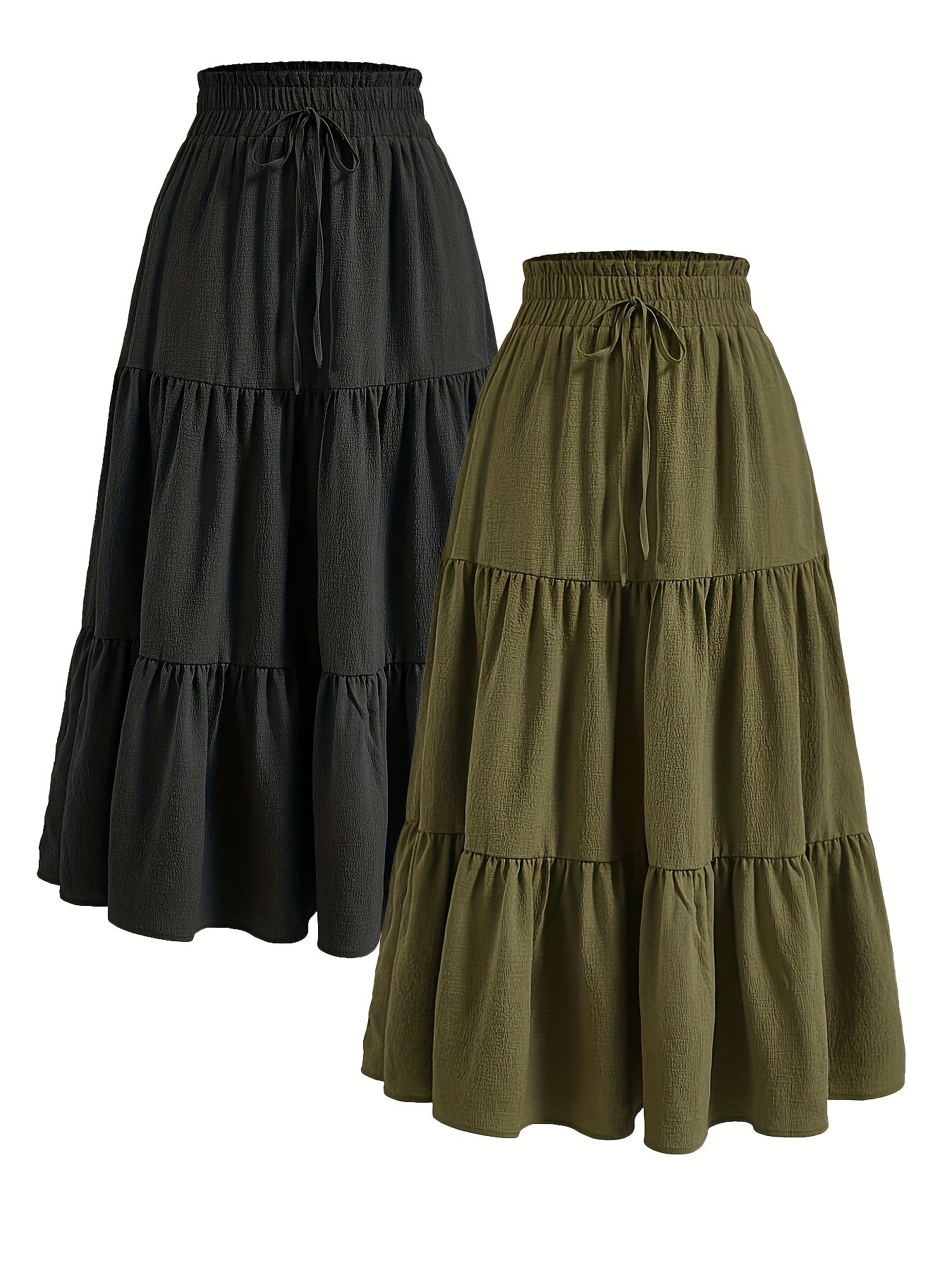 Women'S Two-Piece Solid Color Skirt Set - Black and Olive Green, Casual Style with Drawstring Waist, Elastic Ruffle Hem, Pleated Long Length, All-Season Wear, Casual Attire|Ruffle Hem Skirt|Drawstring Waist Skirt