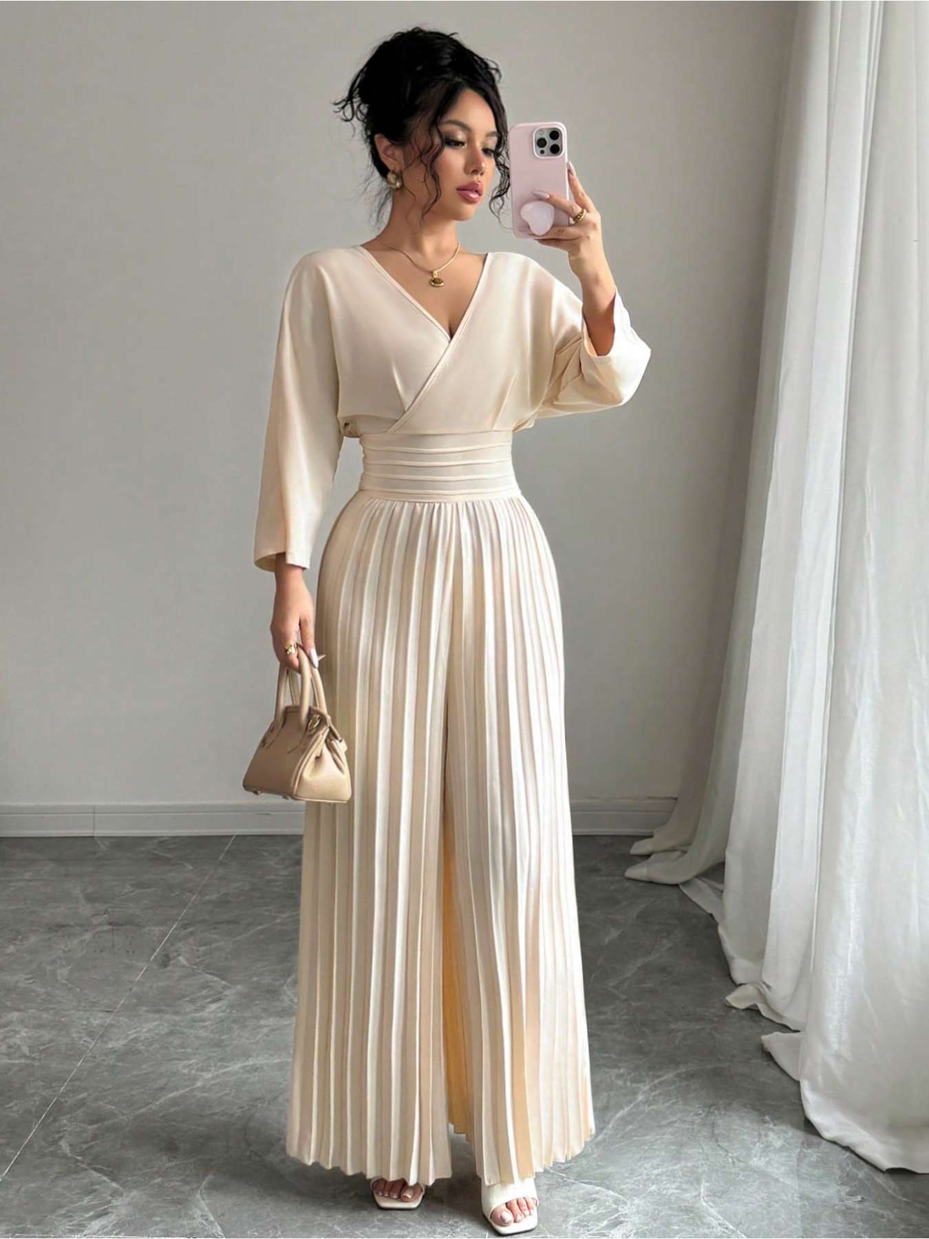 Women'S Elegant Beige Jumpsuit - V-Neck, Three-Quarter Sleeve, Wide-Leg Design with Tie Waist, Solid Color, Perfect for Vacation or Casual Outings, Vacation Attire | Vneck Jumpsuit | Glossy Texture