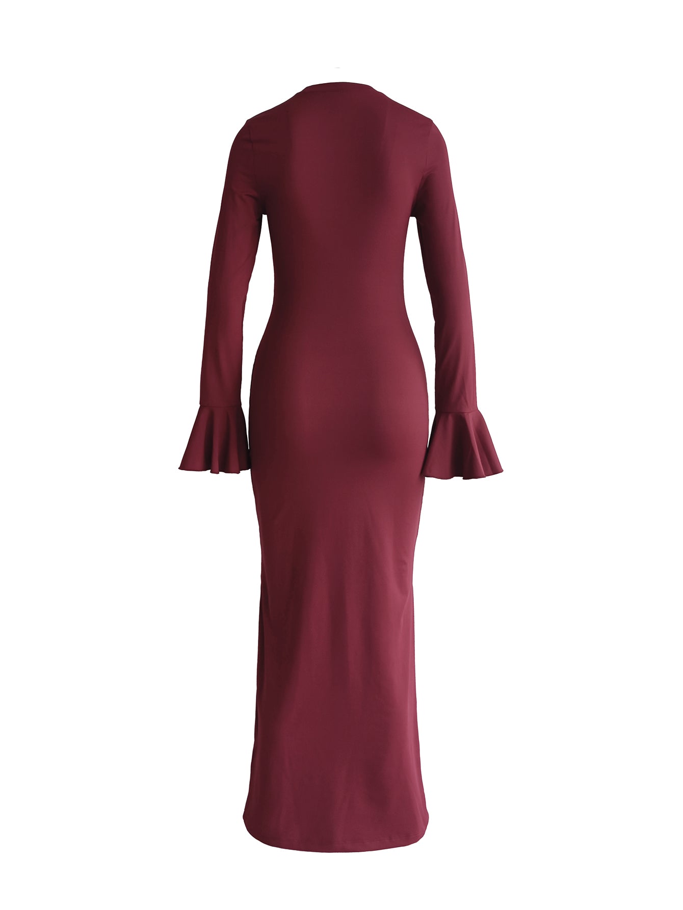 Elegant Maroon Long Sleeve Maxi Dress with Ruched Waist and Tie Detail - Stretchy, Flowing Design for Indoor Evening Events, Perfect for Fall/Winter Gatherings, Formal Evening Wear|Ruched Waist Dress|Stretchy Fabric