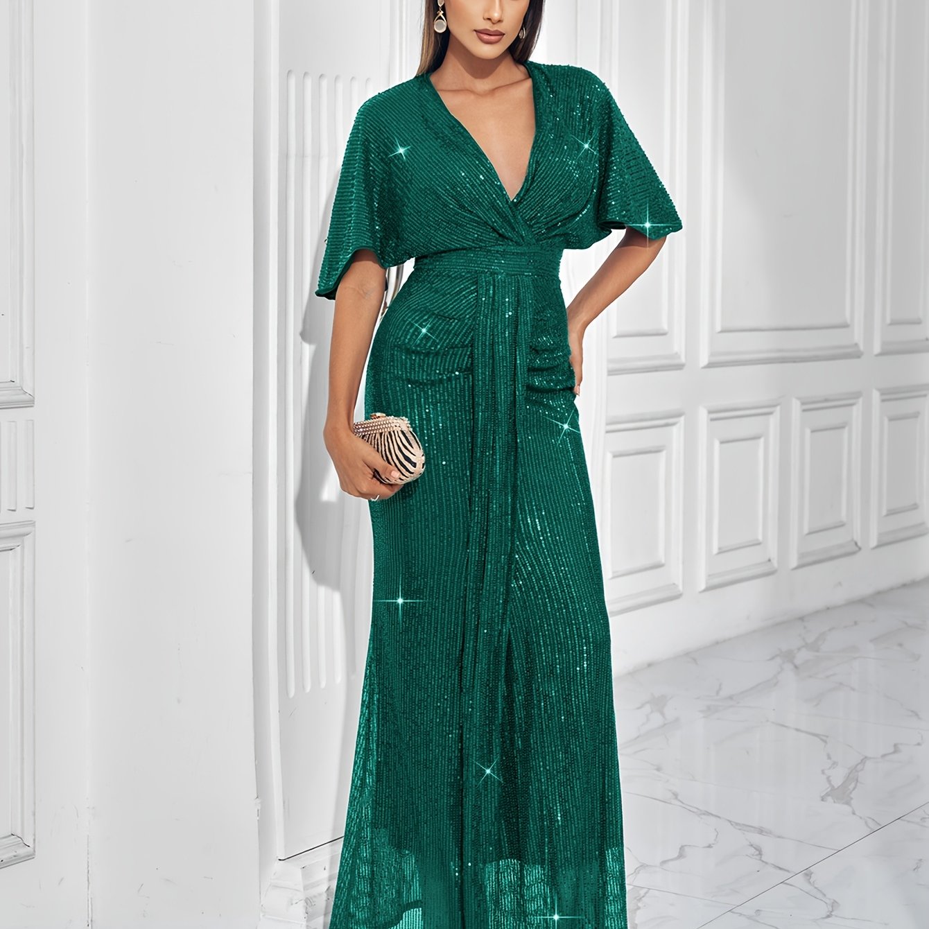 Sparkling V-neck Waist Cinched Dress